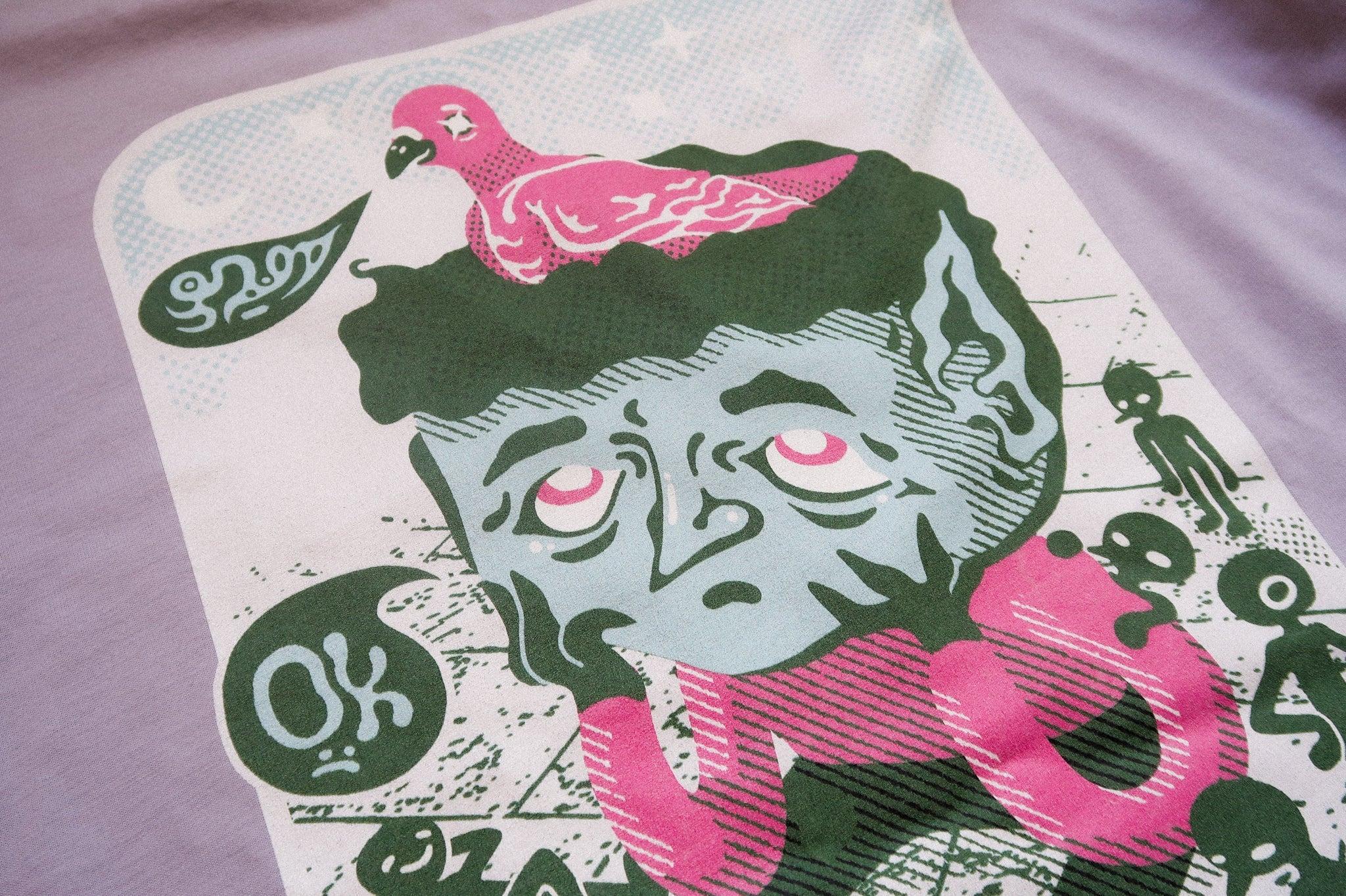 Illustration of a character with pink eyes and a pink parrot on a white background