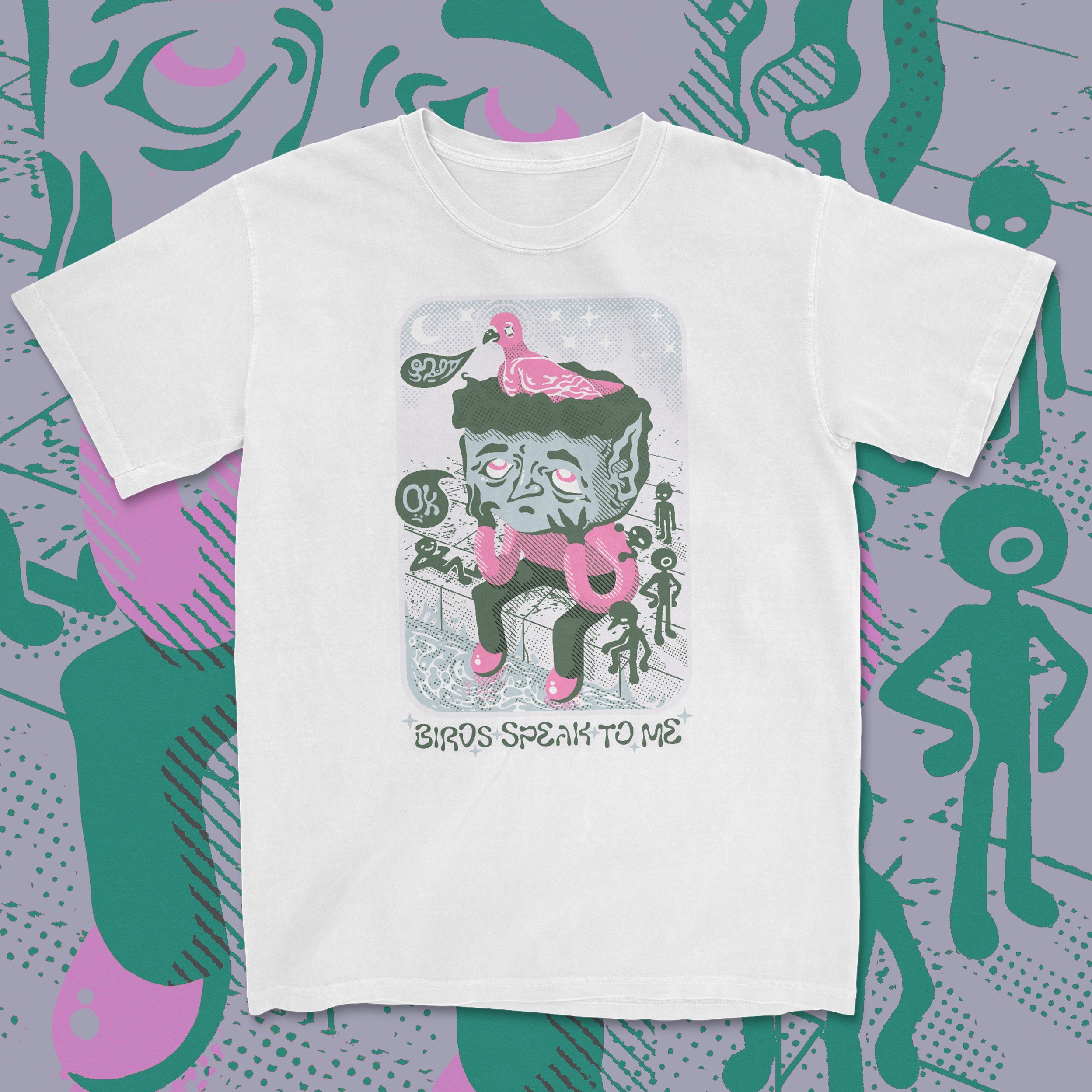 White t-shirt with graphic design on a colorful abstract background