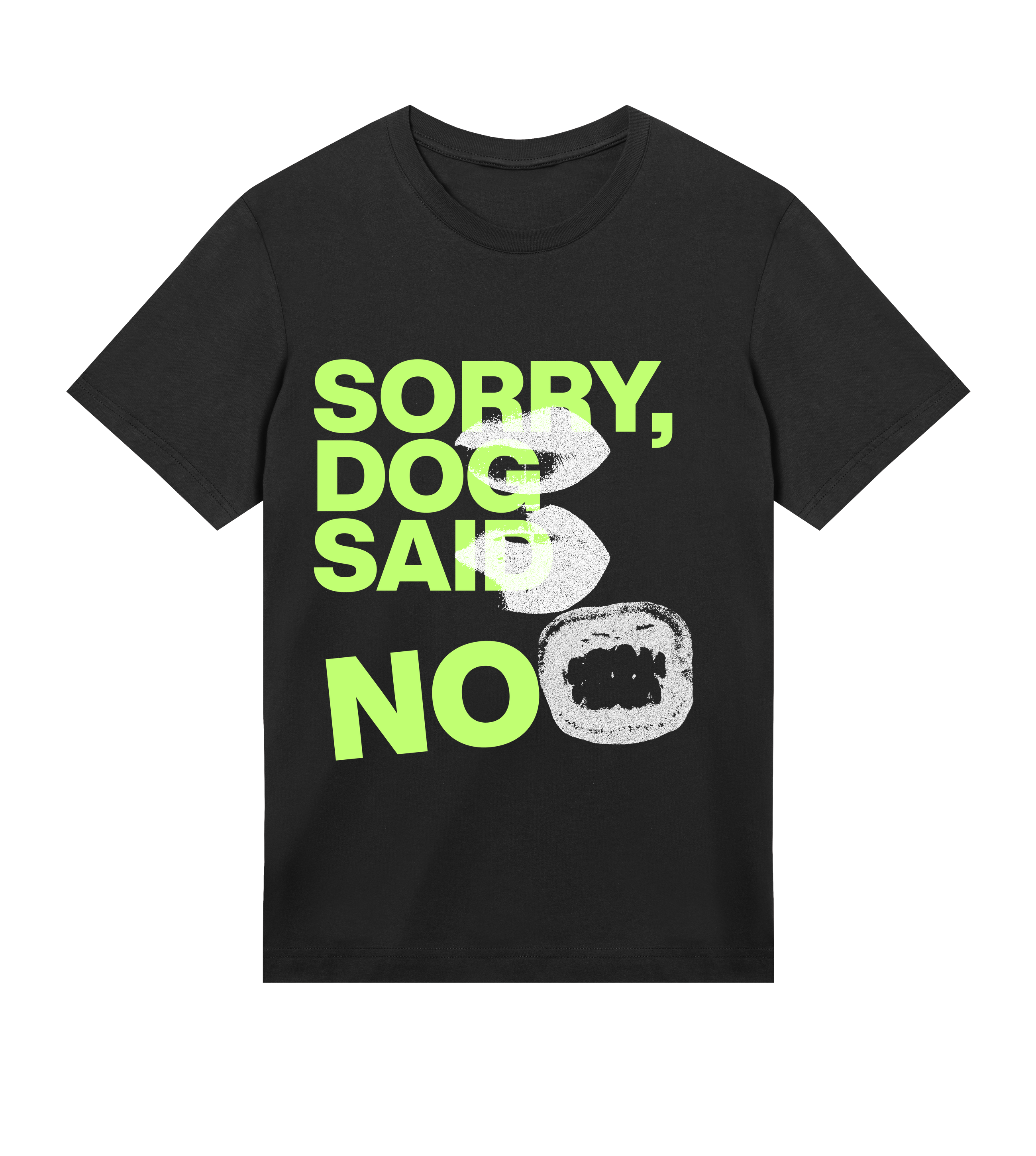 Black t-shirt with green and white text and graphics on a white background