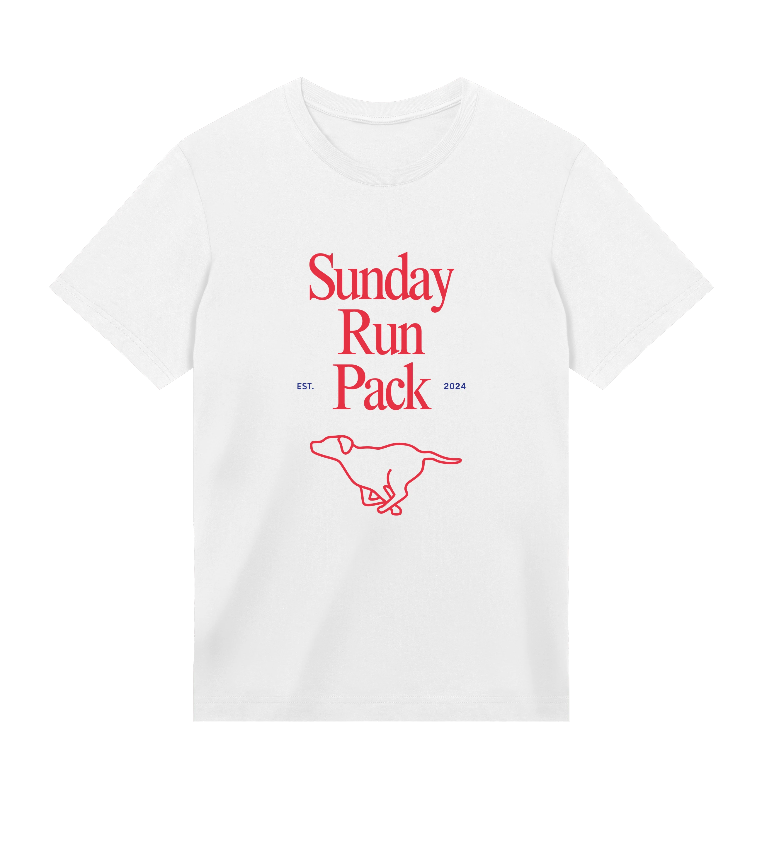 White t-shirt with red 'Sunday Run Pack' text and dog illustration on a white background