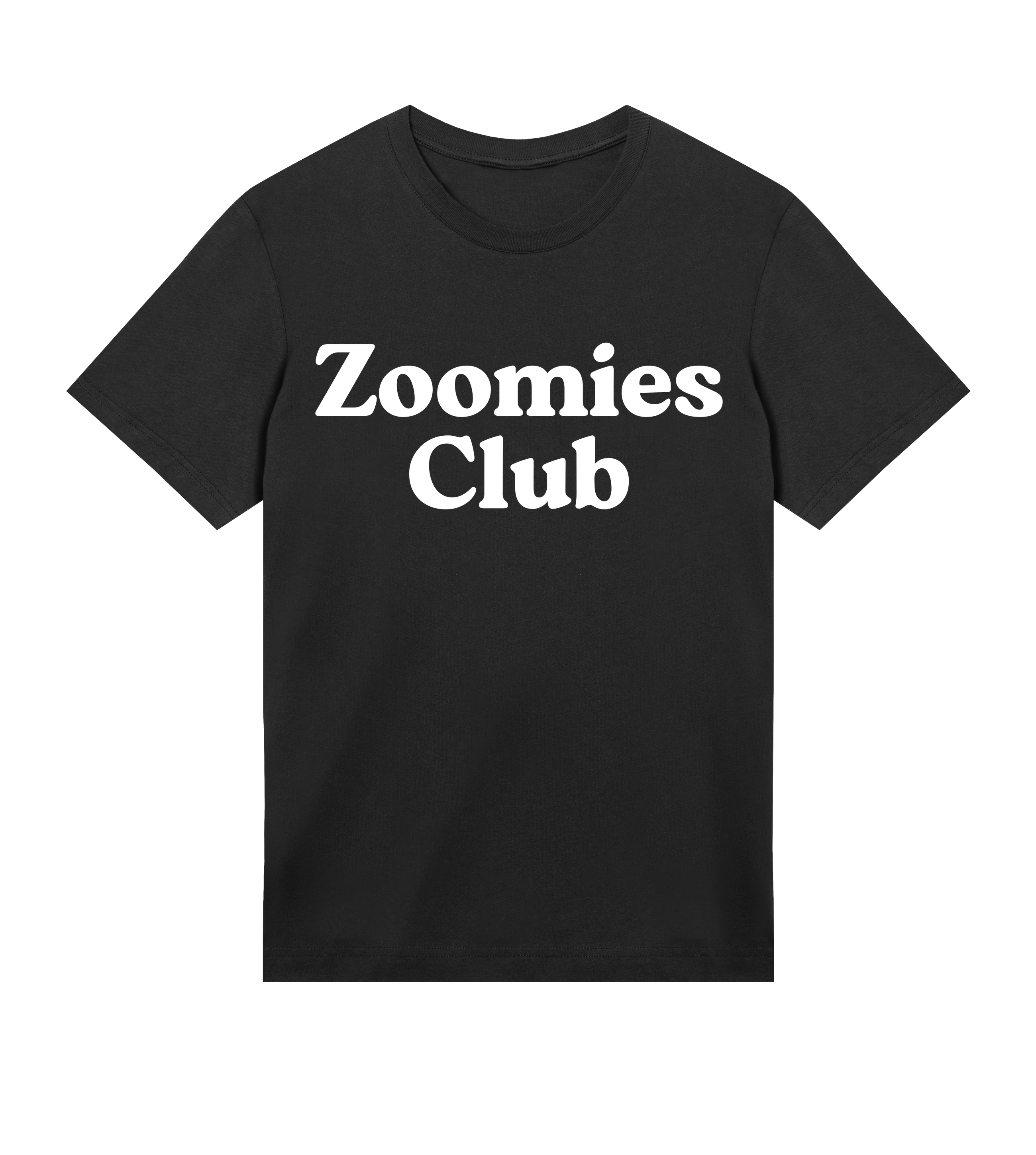 Black t-shirt with 'Zoomies Club' text on a white background
