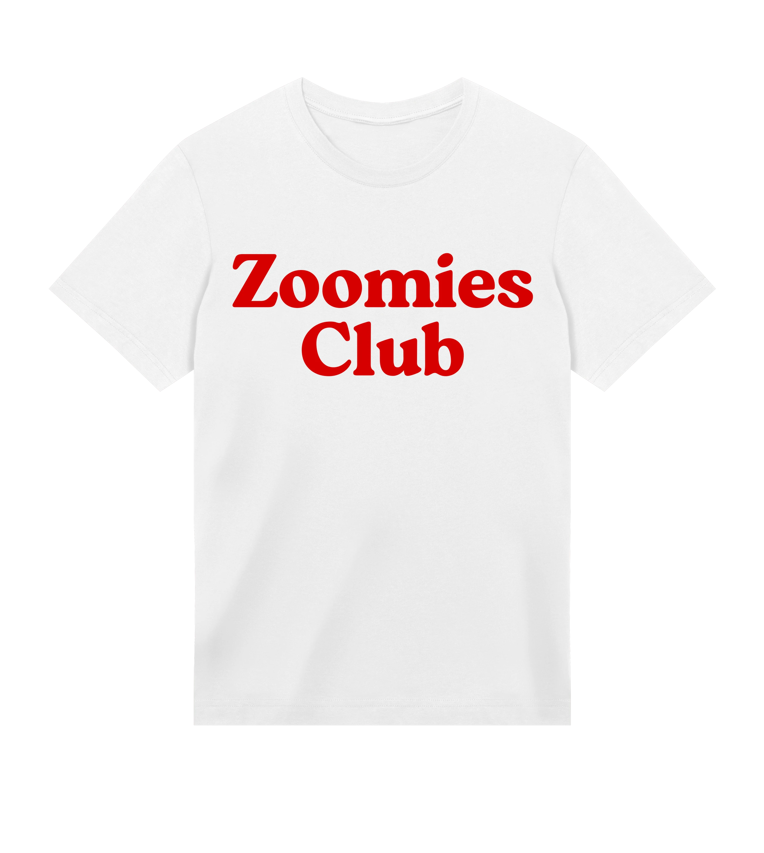 White t-shirt with 'Zoomies Club' text in red on a white background