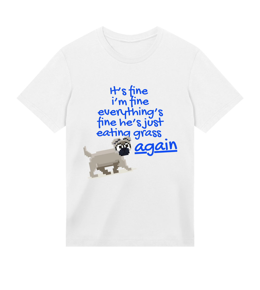 White t-shirt with blue text and a dog graphic on a white background