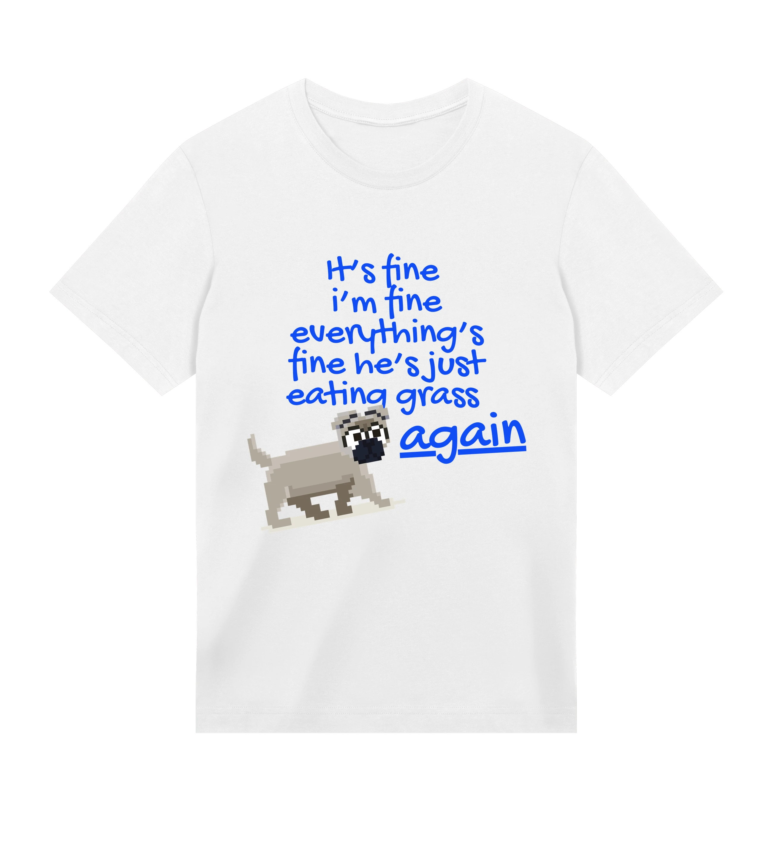 White t-shirt with blue text and a dog graphic on a white background