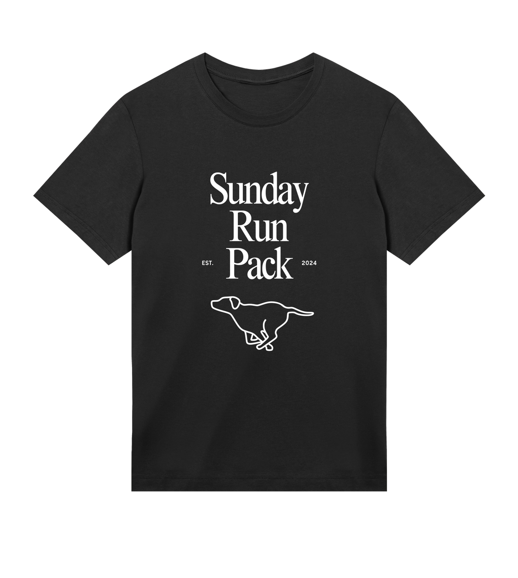 Black t-shirt with 'Sunday Run Pack' text and a running dog graphic on a white background
