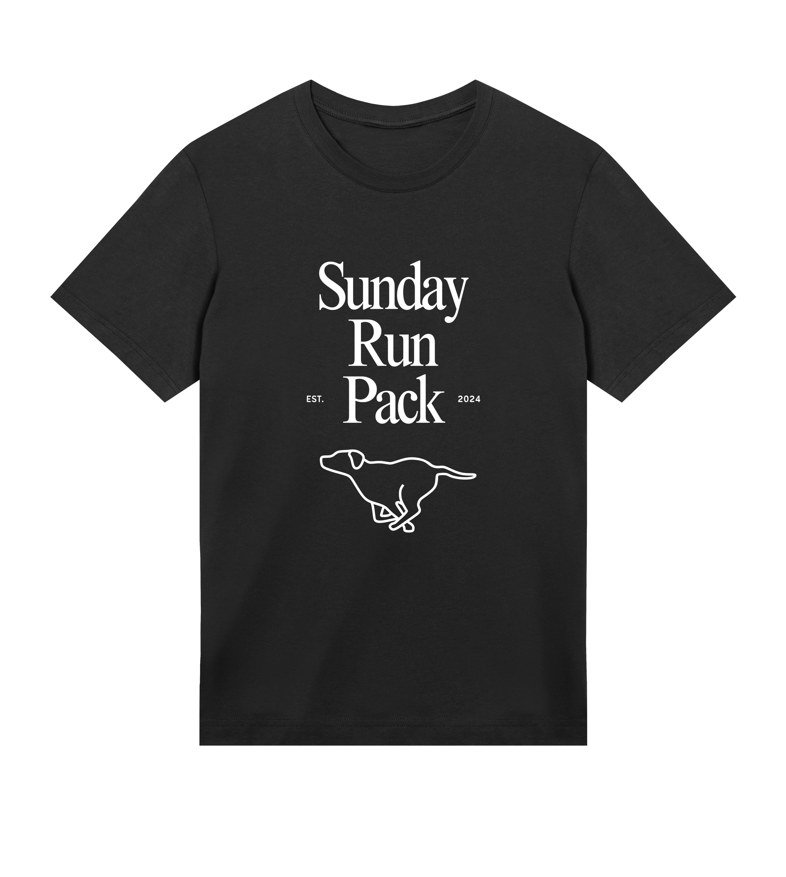 Black t-shirt with 'Sunday Run Pack' text and a running dog graphic on a white background