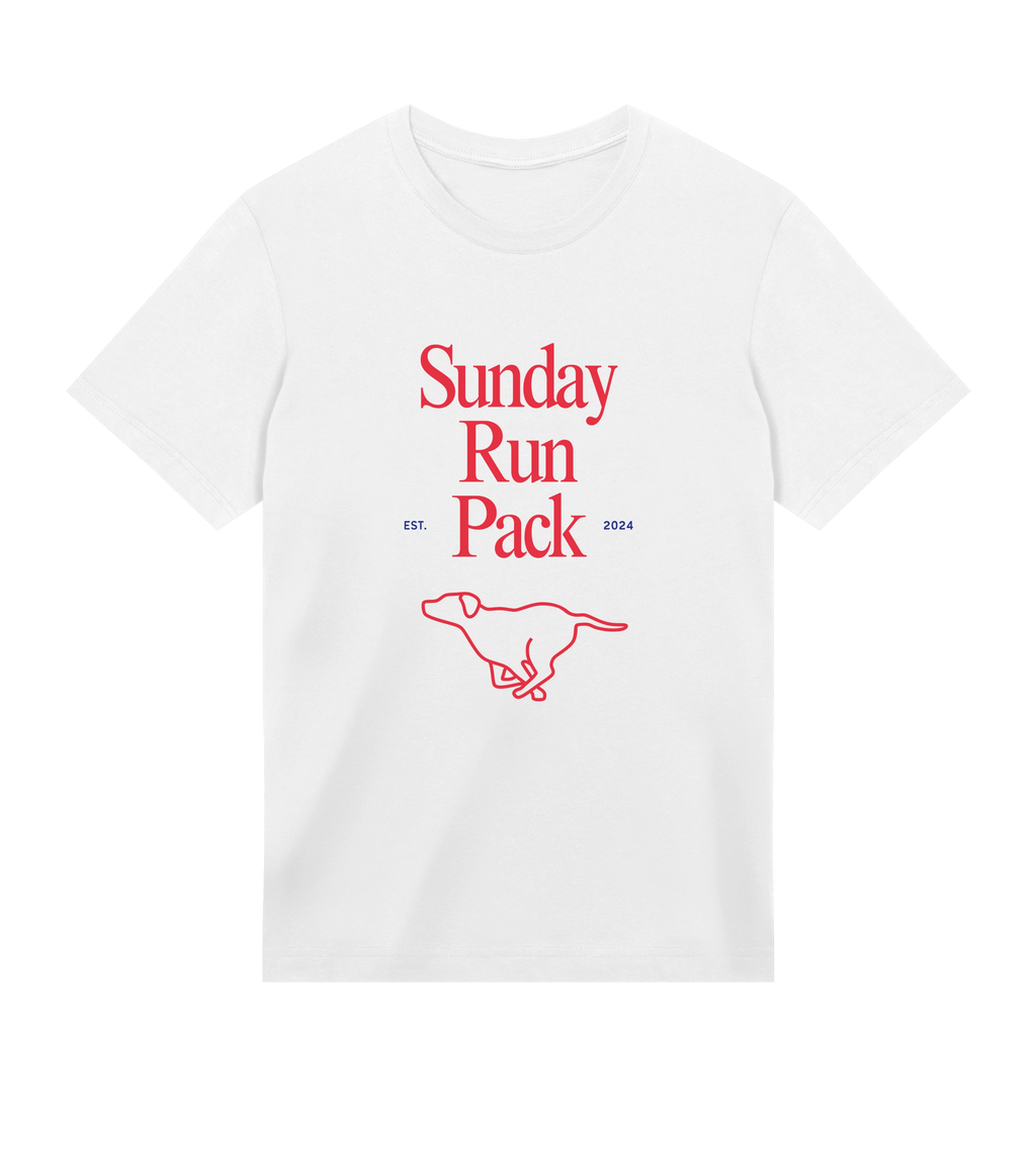 White t-shirt with red 'Sunday Run Pack' text and dog illustration on a white background