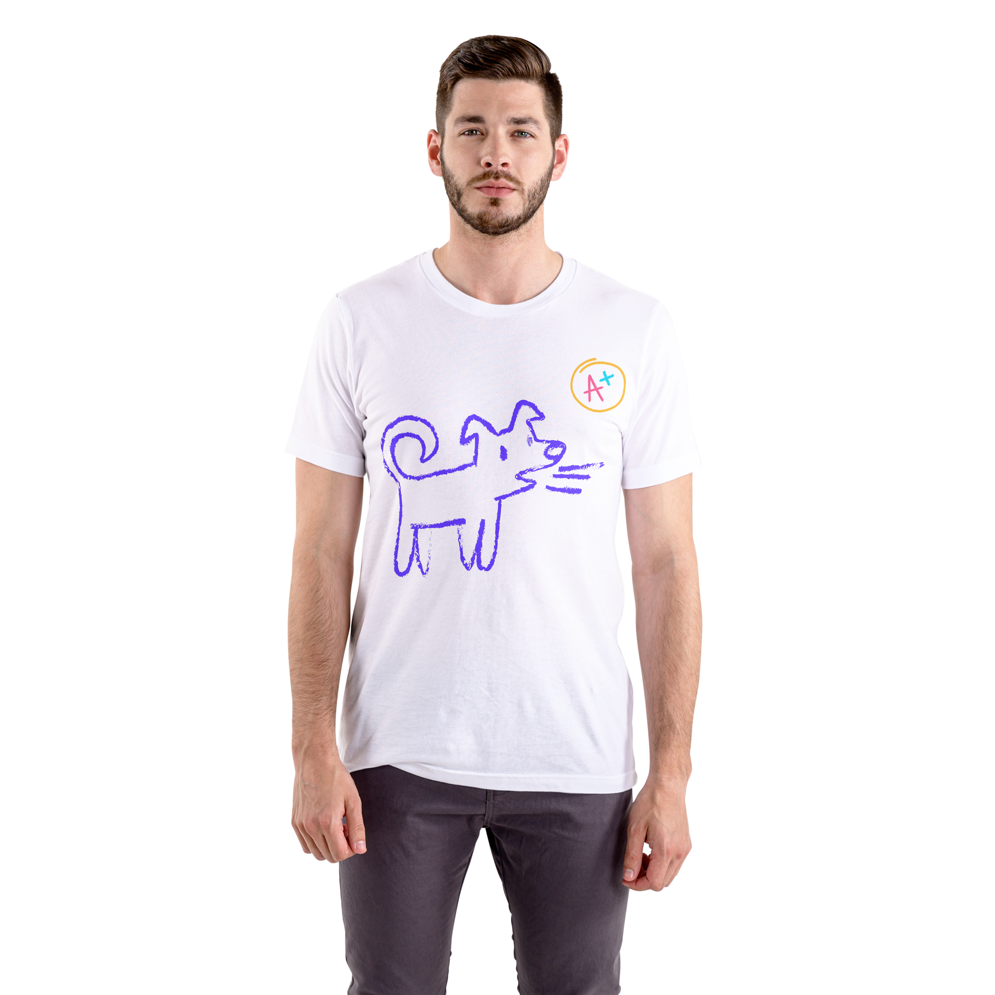 Man wearing a white t-shirt with a purple graphic design on a white background