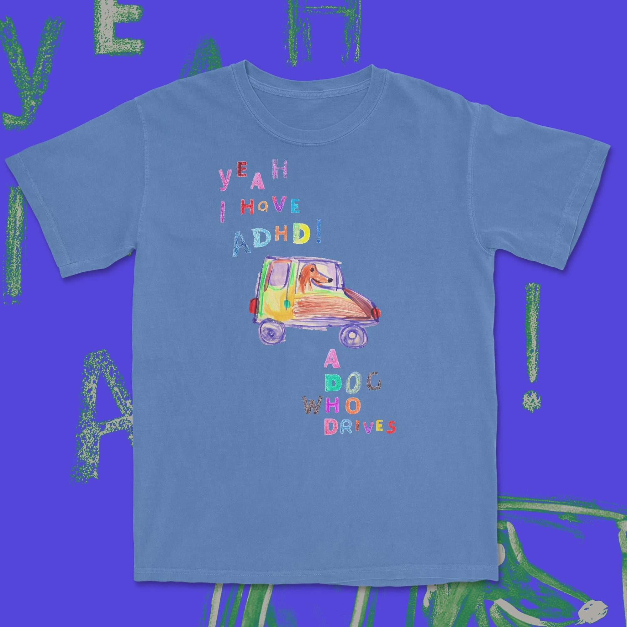Blue t-shirt with colorful graphic and text on a blue background