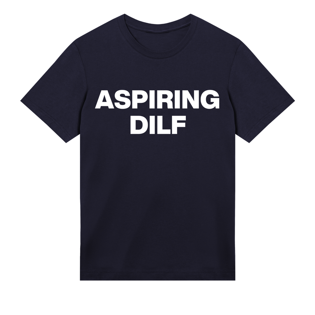 Navy t-shirt with 'ASPIRING DILF' text on a white background
