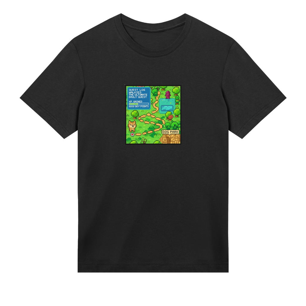 Black t-shirt with a colorful graphic on a white background