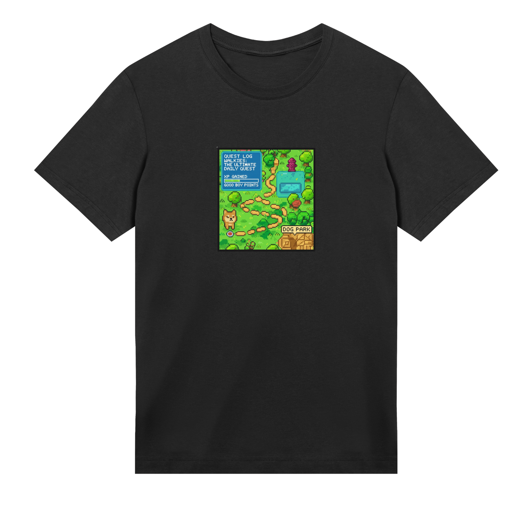 Black t-shirt with a colorful graphic on a white background