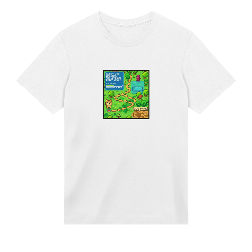 White t-shirt with a colorful graphic on a white background