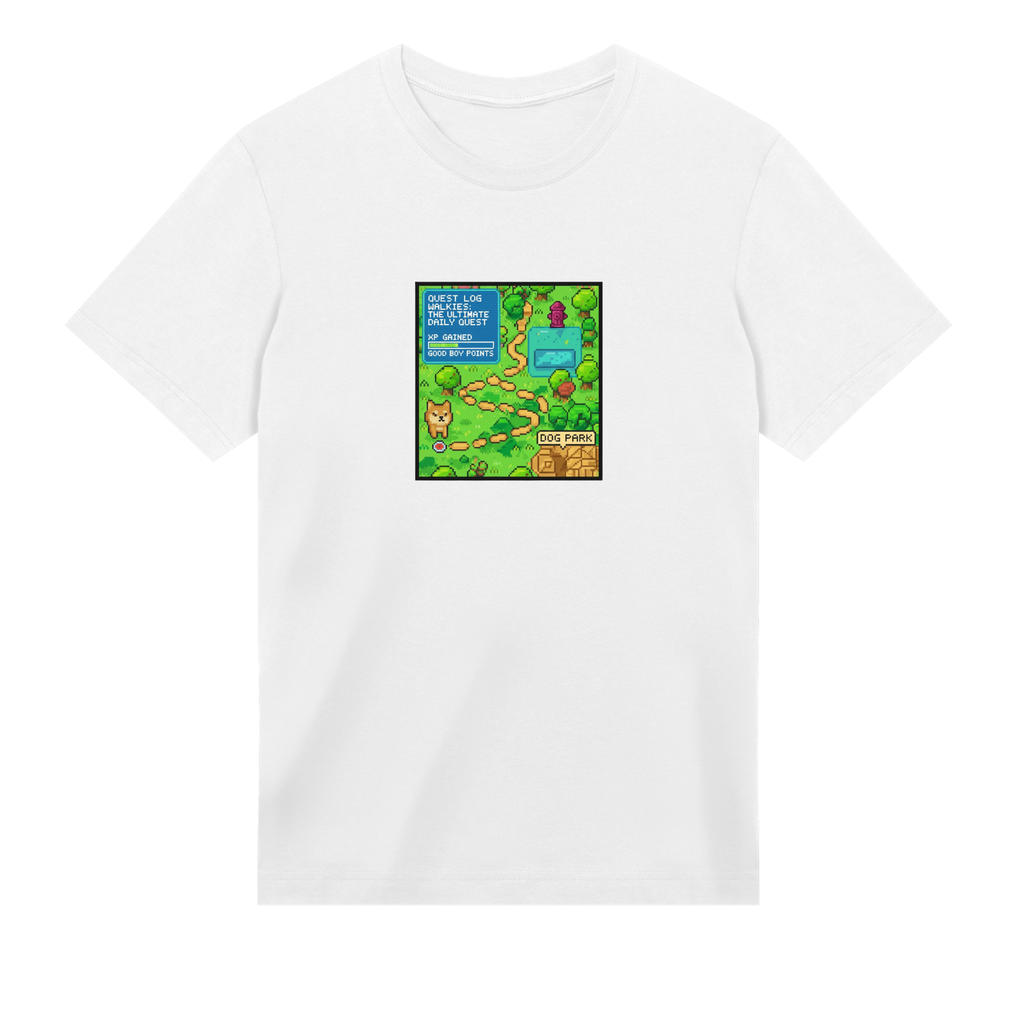 White t-shirt with a colorful graphic on a white background