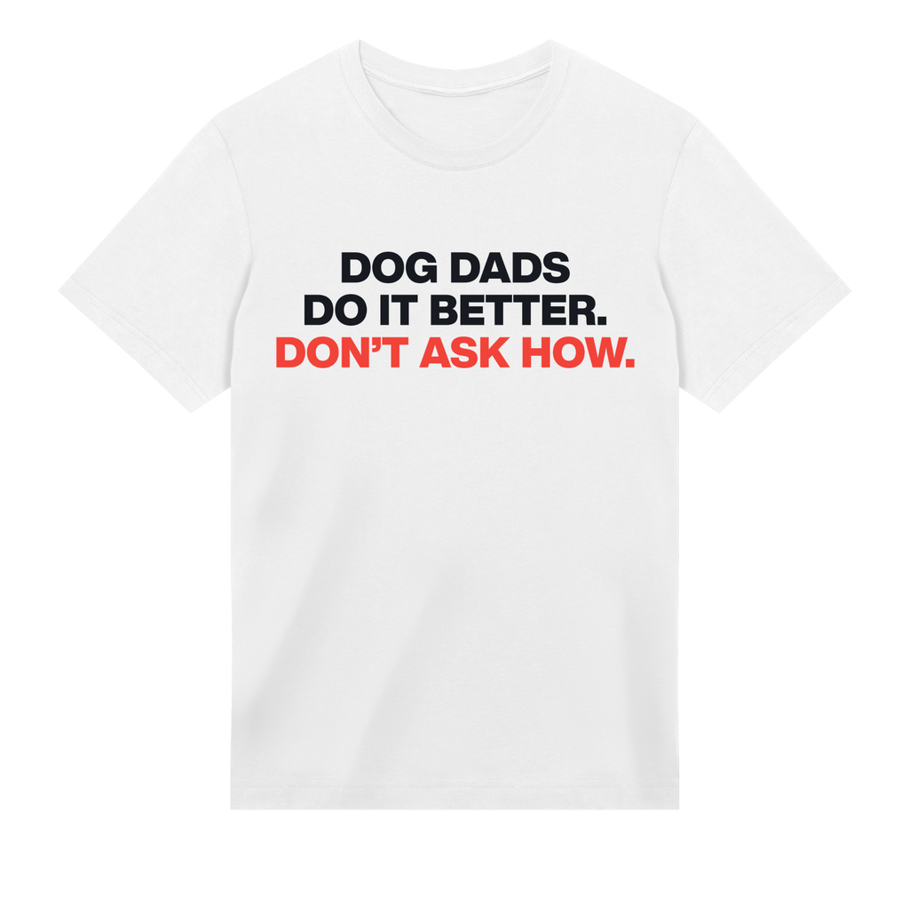 White t-shirt with black and red text on a white background