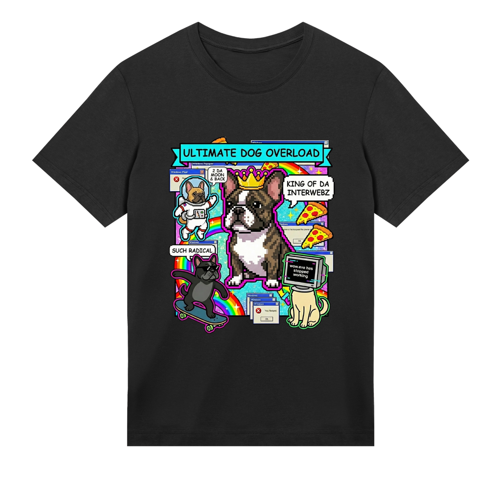Black t-shirt with colorful graphic of dogs and text on a white background