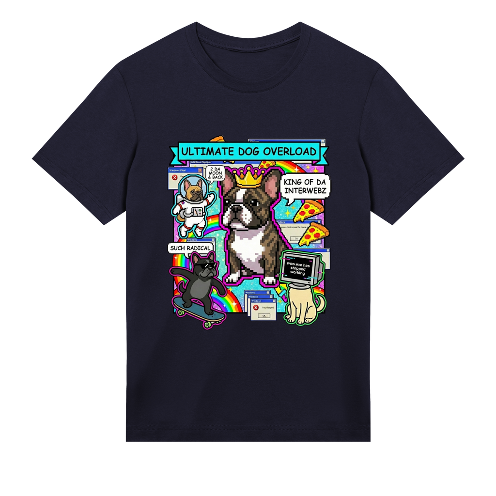 Navy blue t-shirt with colorful graphic of dogs and text on a white background