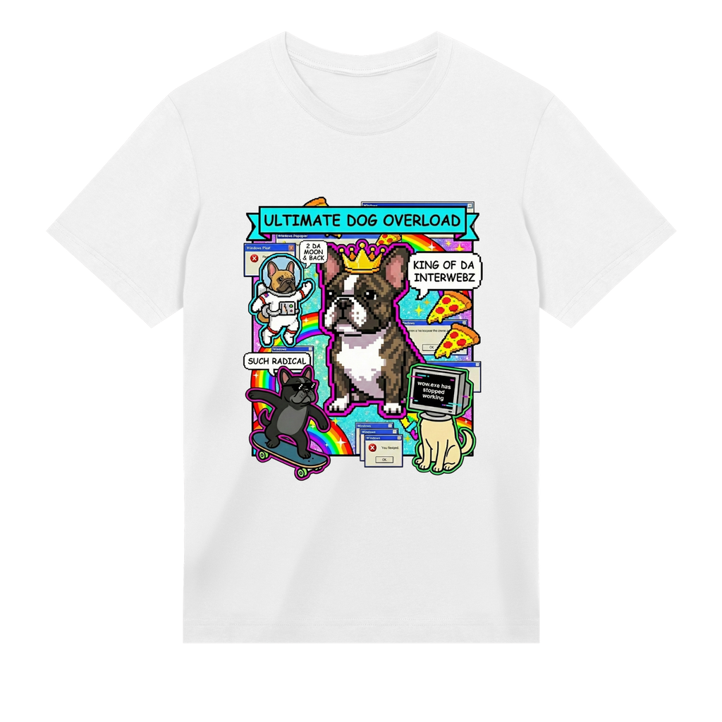 White t-shirt with colorful graphic of dogs and text on a white background