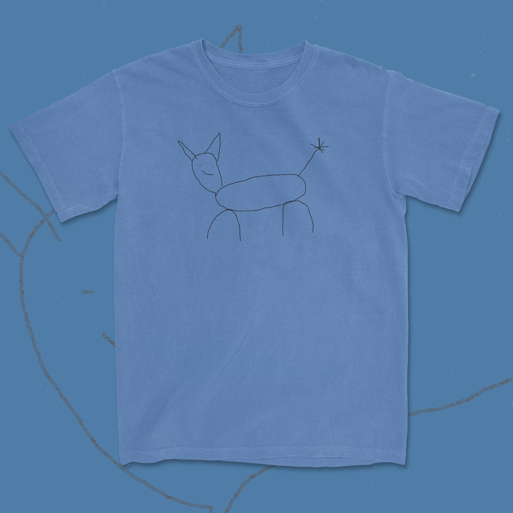 Blue t-shirt with a minimalist ant design on a blue background