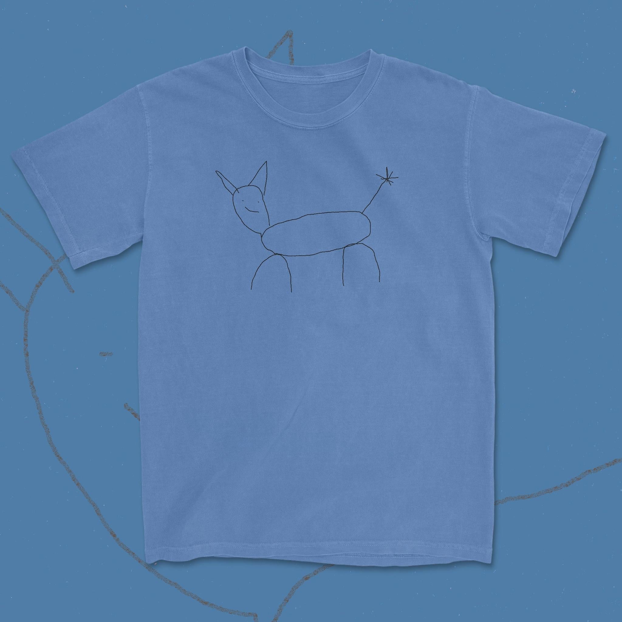 Blue t-shirt with a minimalist ant design on a blue background