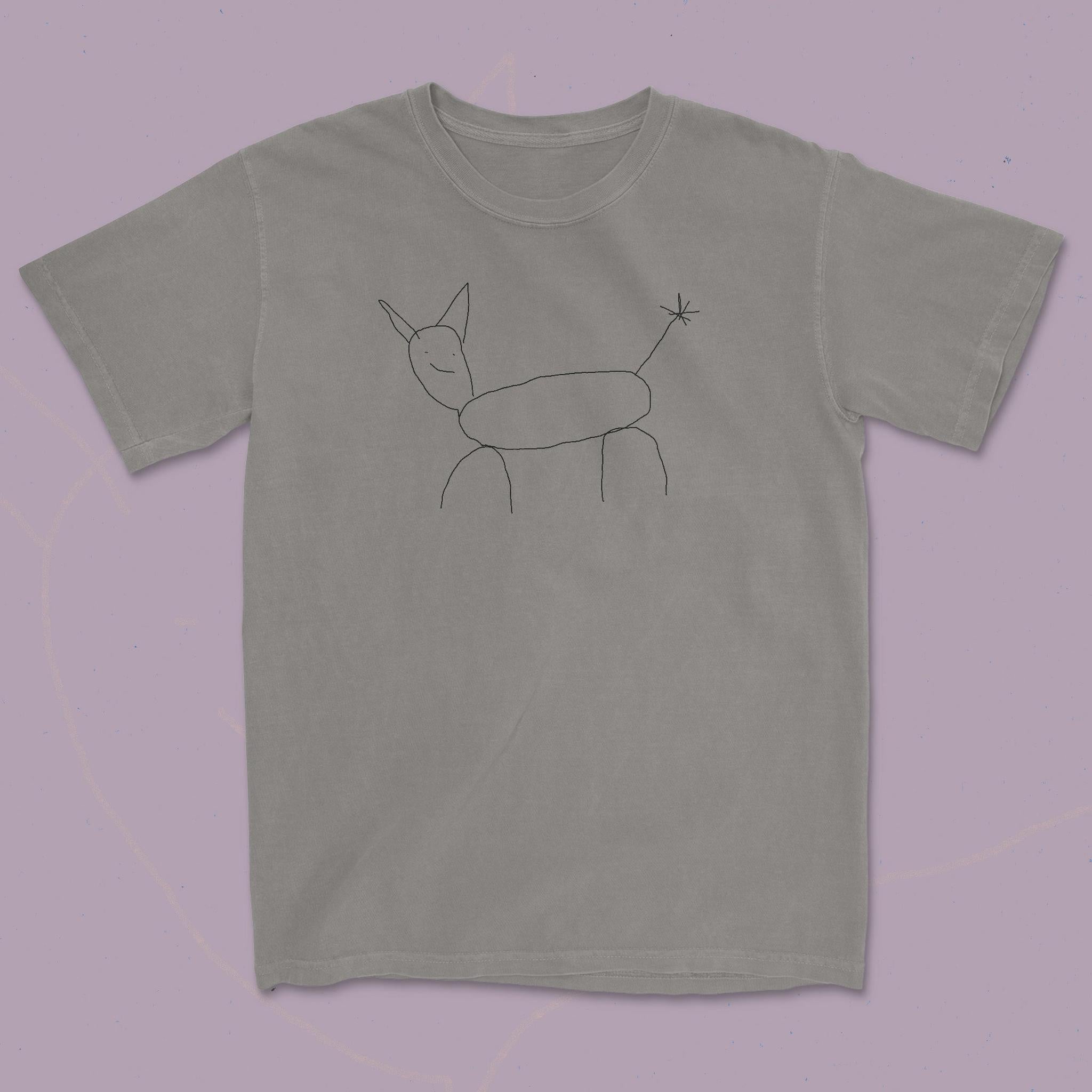 Gray t-shirt with a black line drawing of a cat on a light purple background