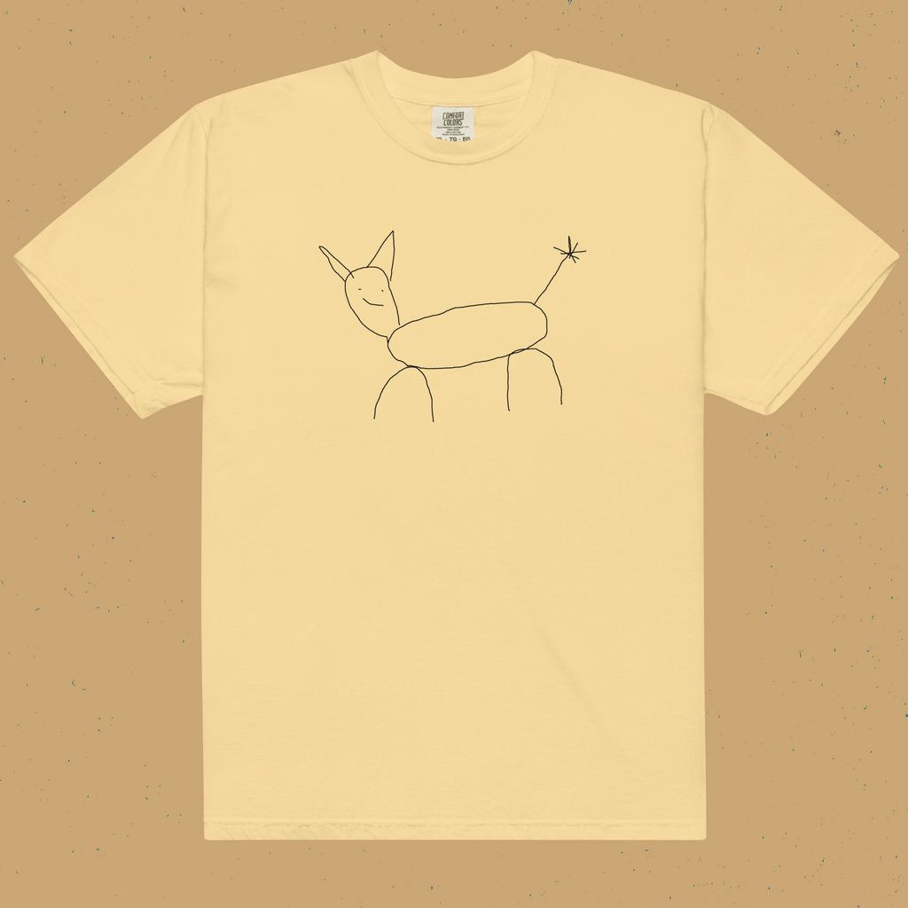 Beige t-shirt with a minimalist line drawing of a creature on a beige background