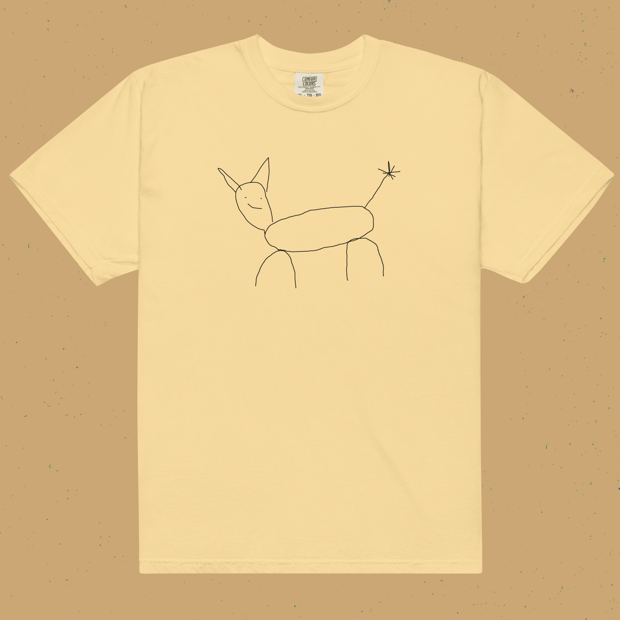 Beige t-shirt with a minimalist line drawing of a creature on a beige background