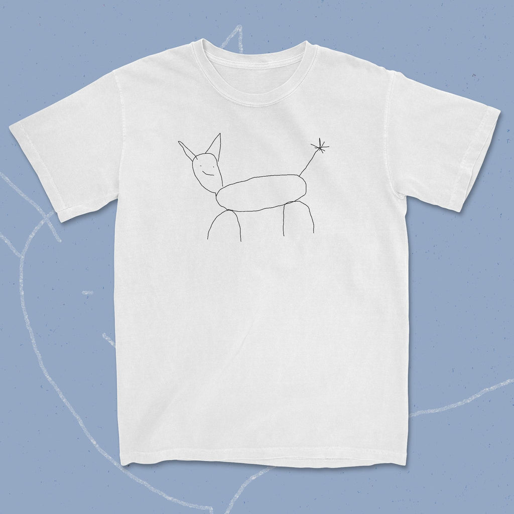 White t-shirt with a minimalist ant design on a light blue background