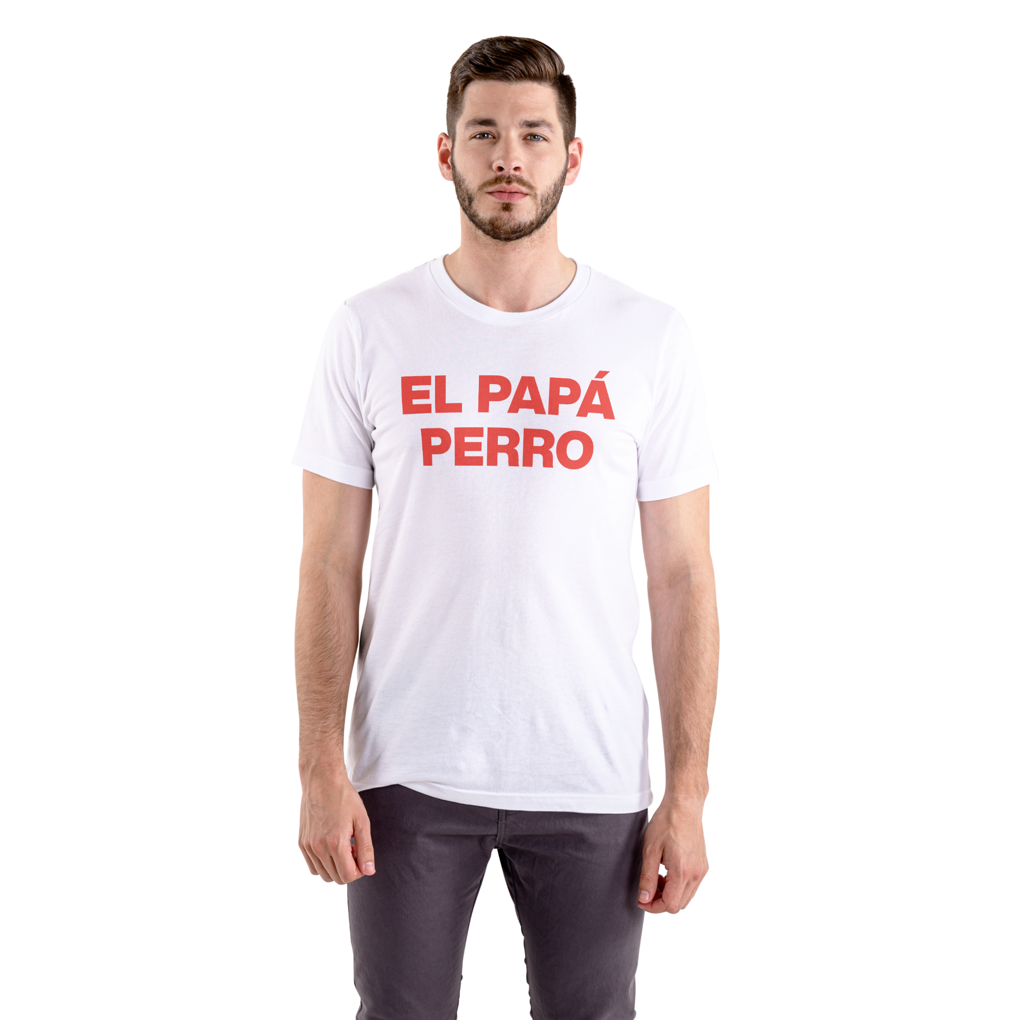 Man wearing a white t-shirt with red text 'EL PAPÓ PERRO' on a white background