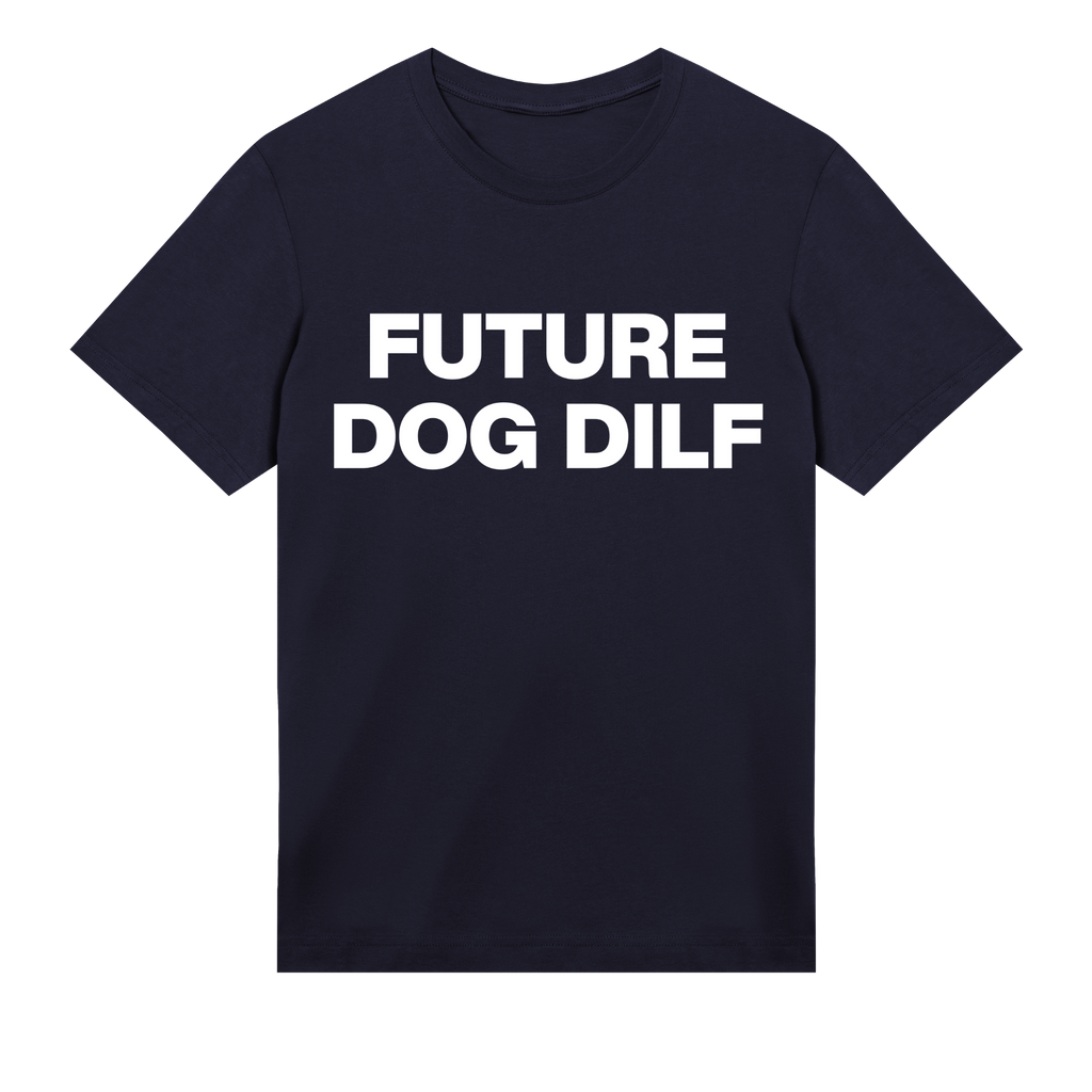 Navy t-shirt with 'FUTURE DOG DILF' text on a white background