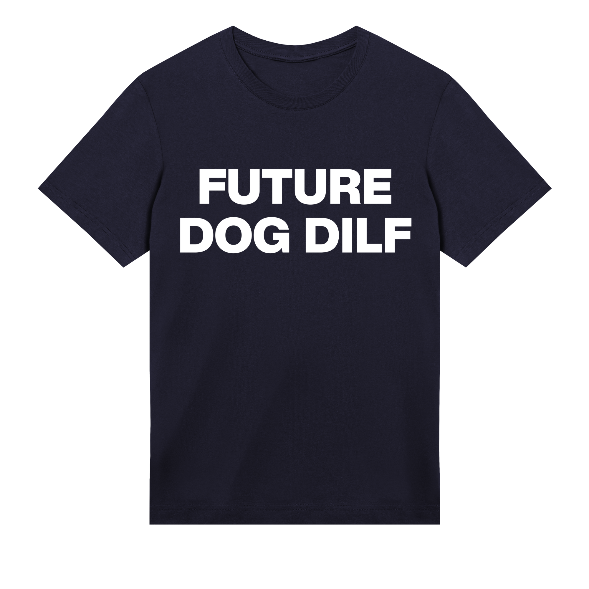 Navy t-shirt with 'FUTURE DOG DILF' text on a white background
