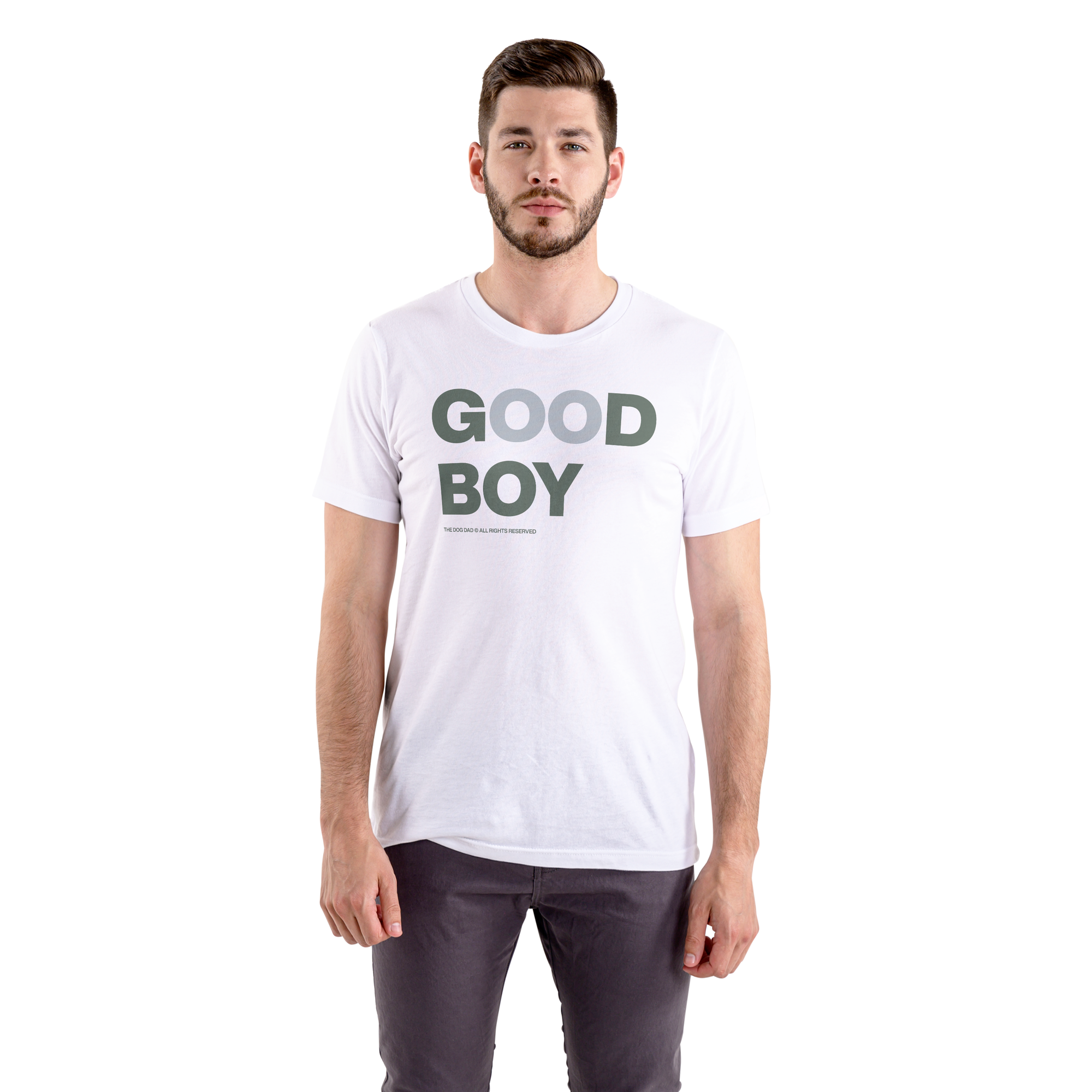 Man wearing a white t-shirt with 'GOOD BOY' text on a white background