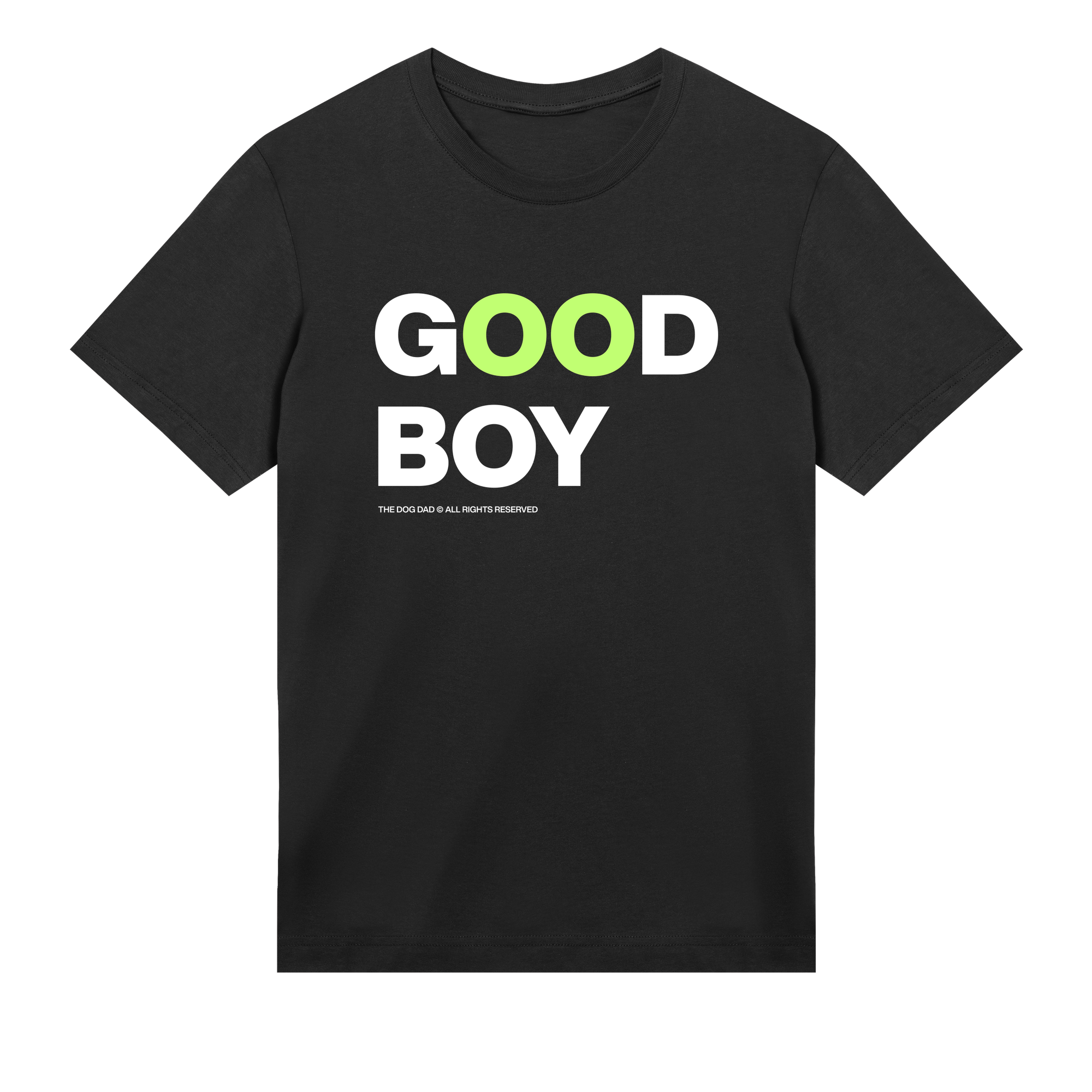 Black t-shirt with 'GOOD BOY' text in green and white on a white background