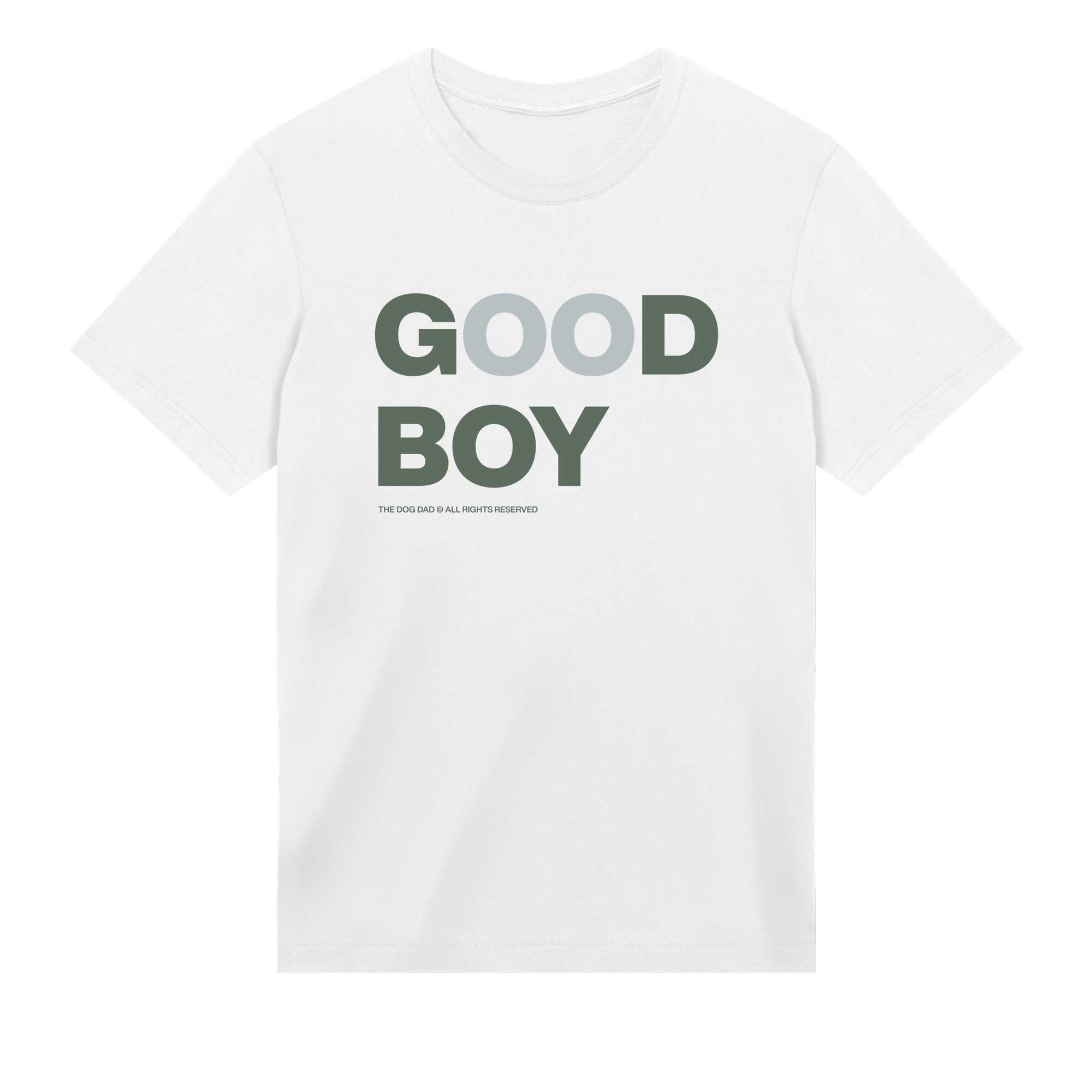 White t-shirt with 'GOOD BOY' text on a white background