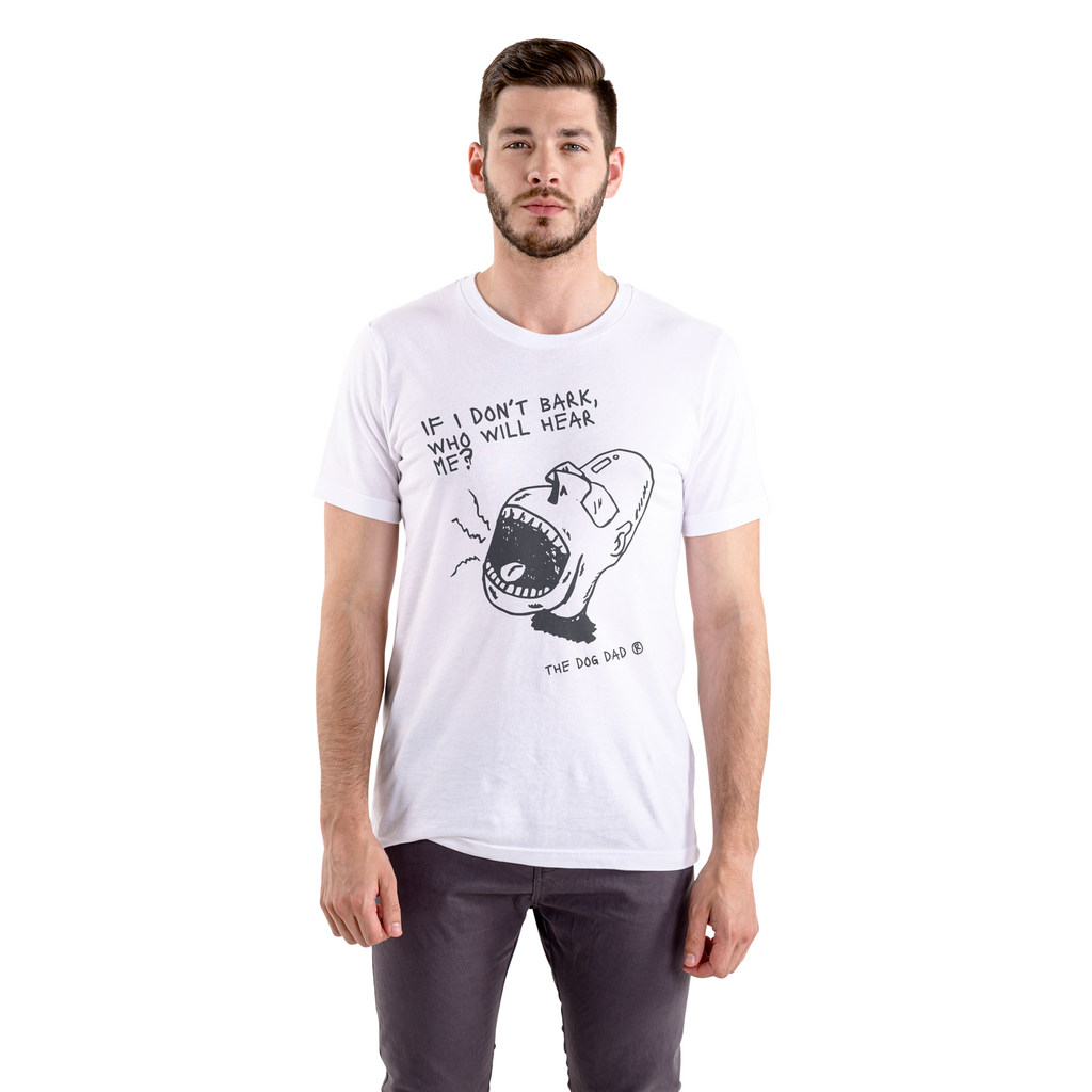 Man wearing a white t-shirt with a graphic design and text on a white background