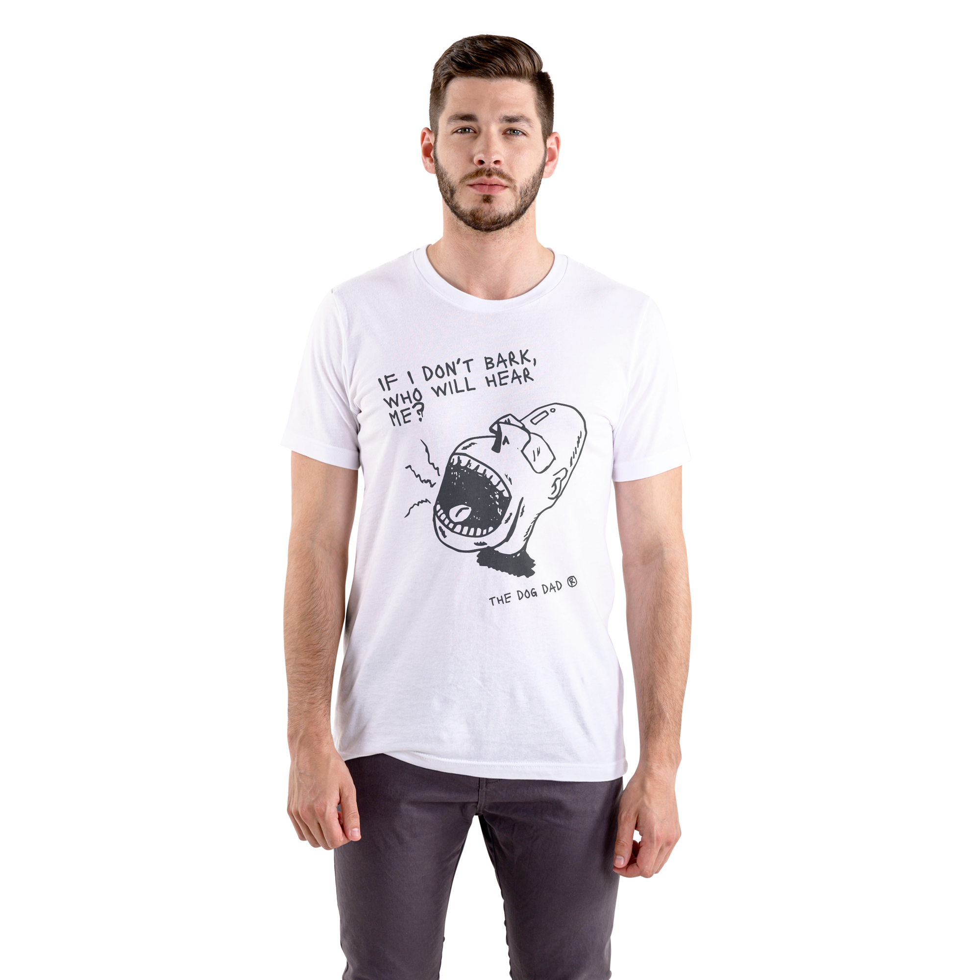 Man wearing a white t-shirt with a graphic design and text on a white background