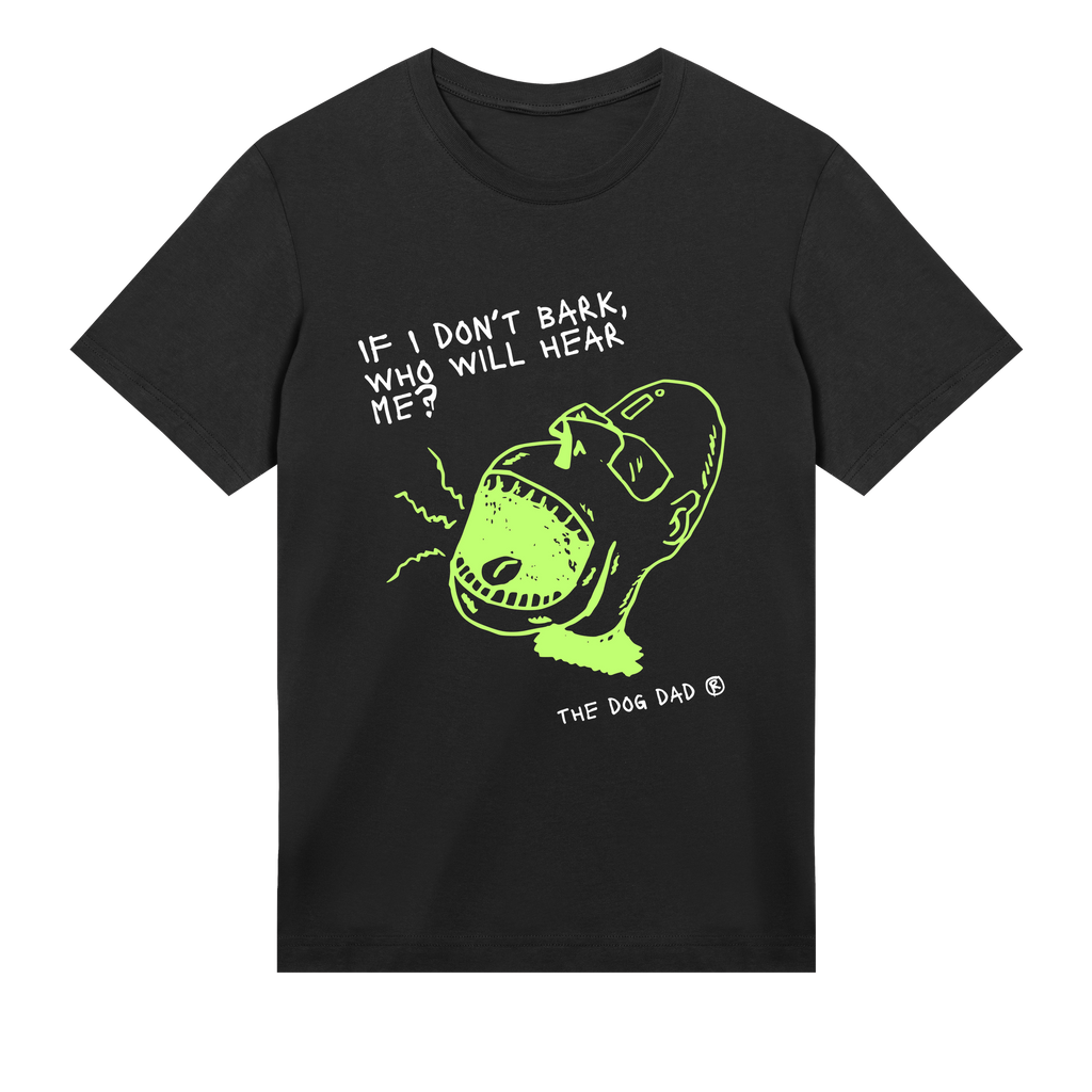 Black t-shirt with a graphic of a dog barking and text on a white background