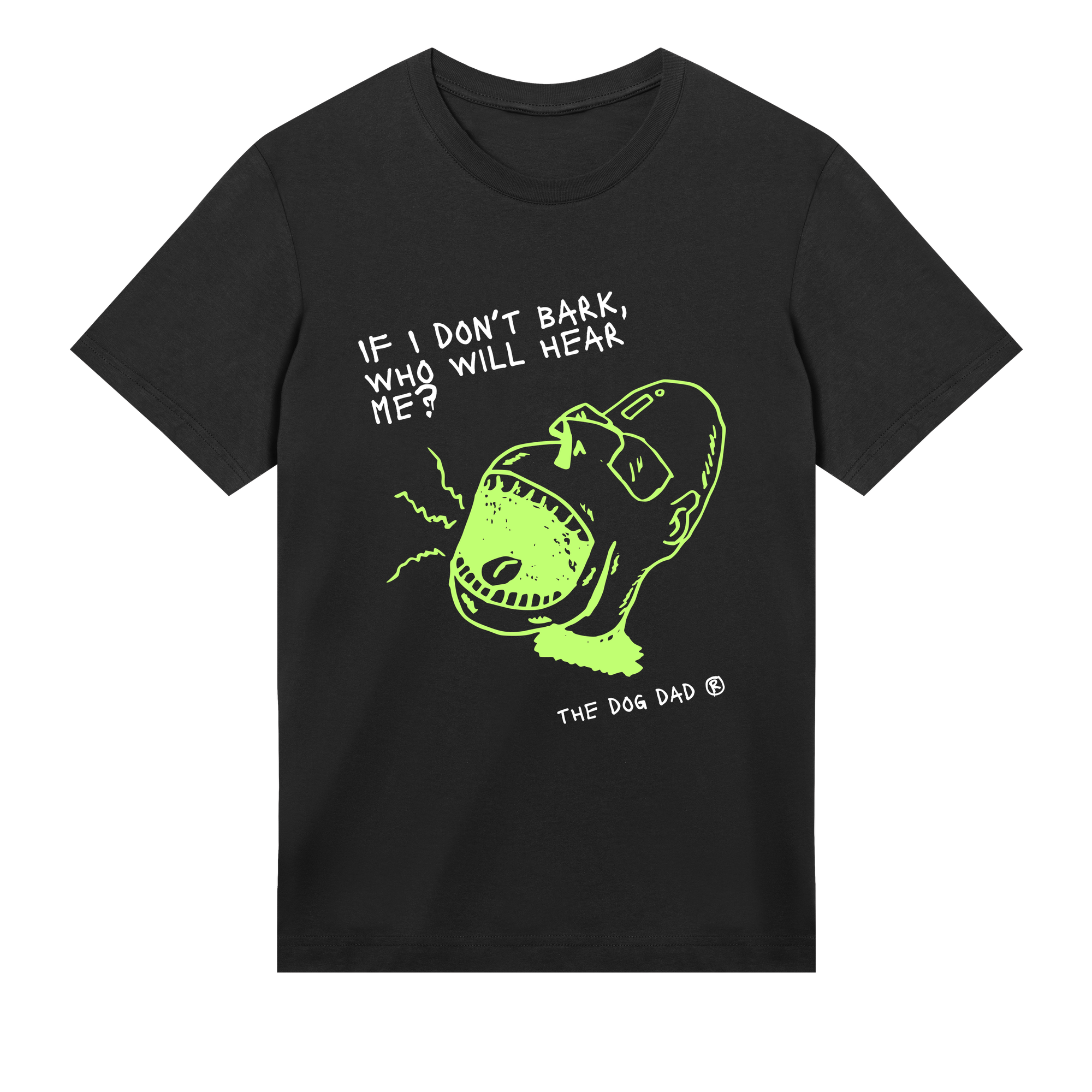 Black t-shirt with a graphic of a dog barking and text on a white background