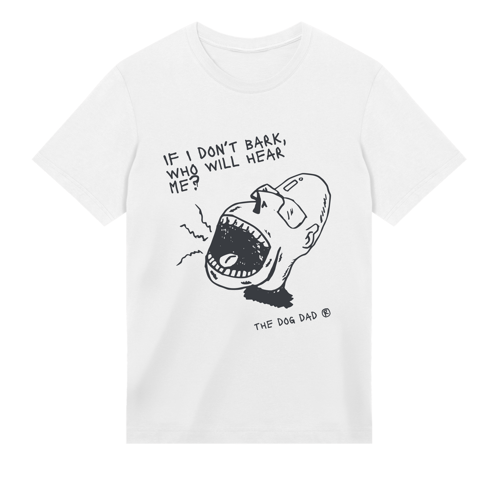 White t-shirt with black graphic and text on a white background