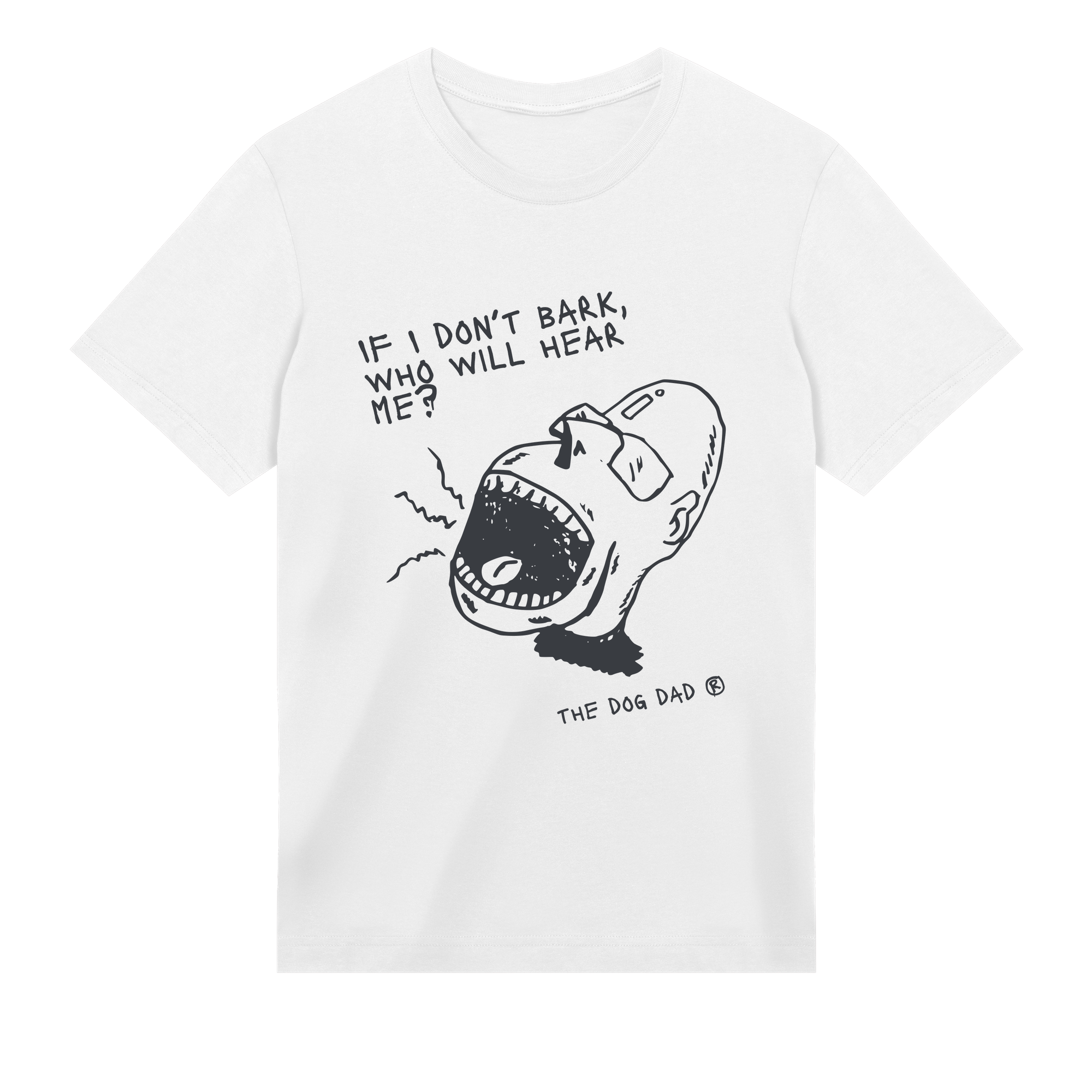 White t-shirt with black graphic and text on a white background