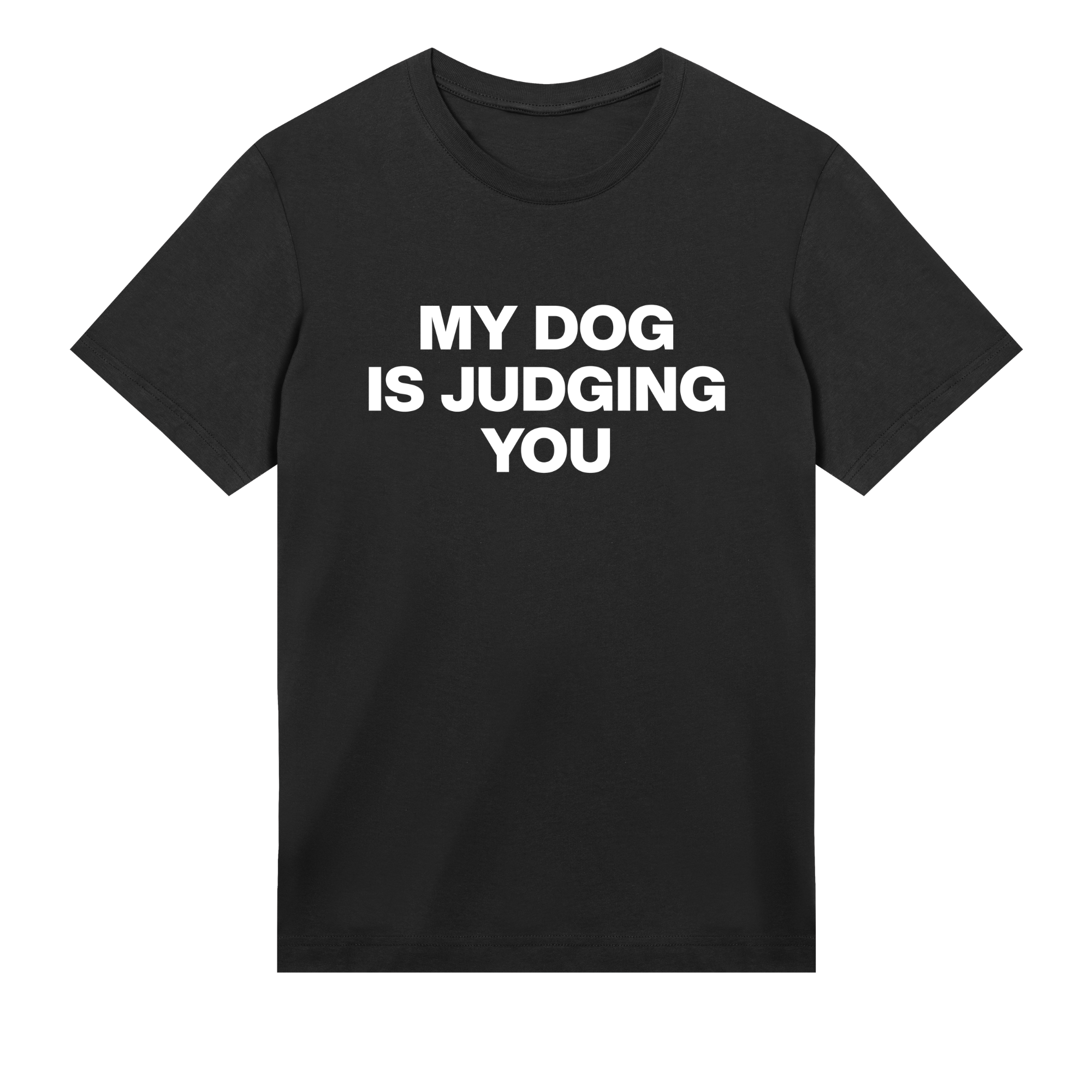 Black t-shirt with white text 'MY DOG IS JUDGING YOU' on a white background