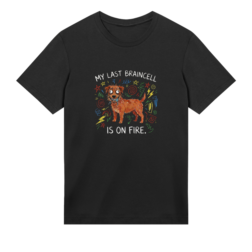 Black t-shirt with a dog graphic and text on a white background