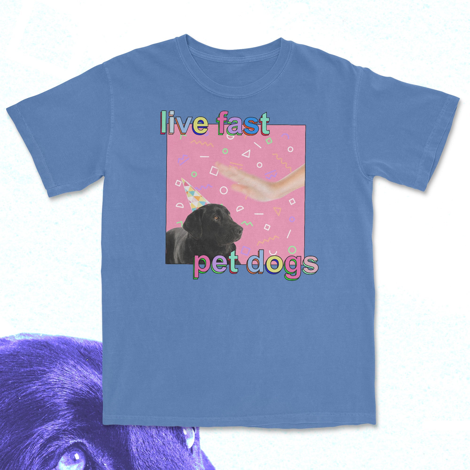 Blue t-shirt with a graphic of a dog and text on a white background