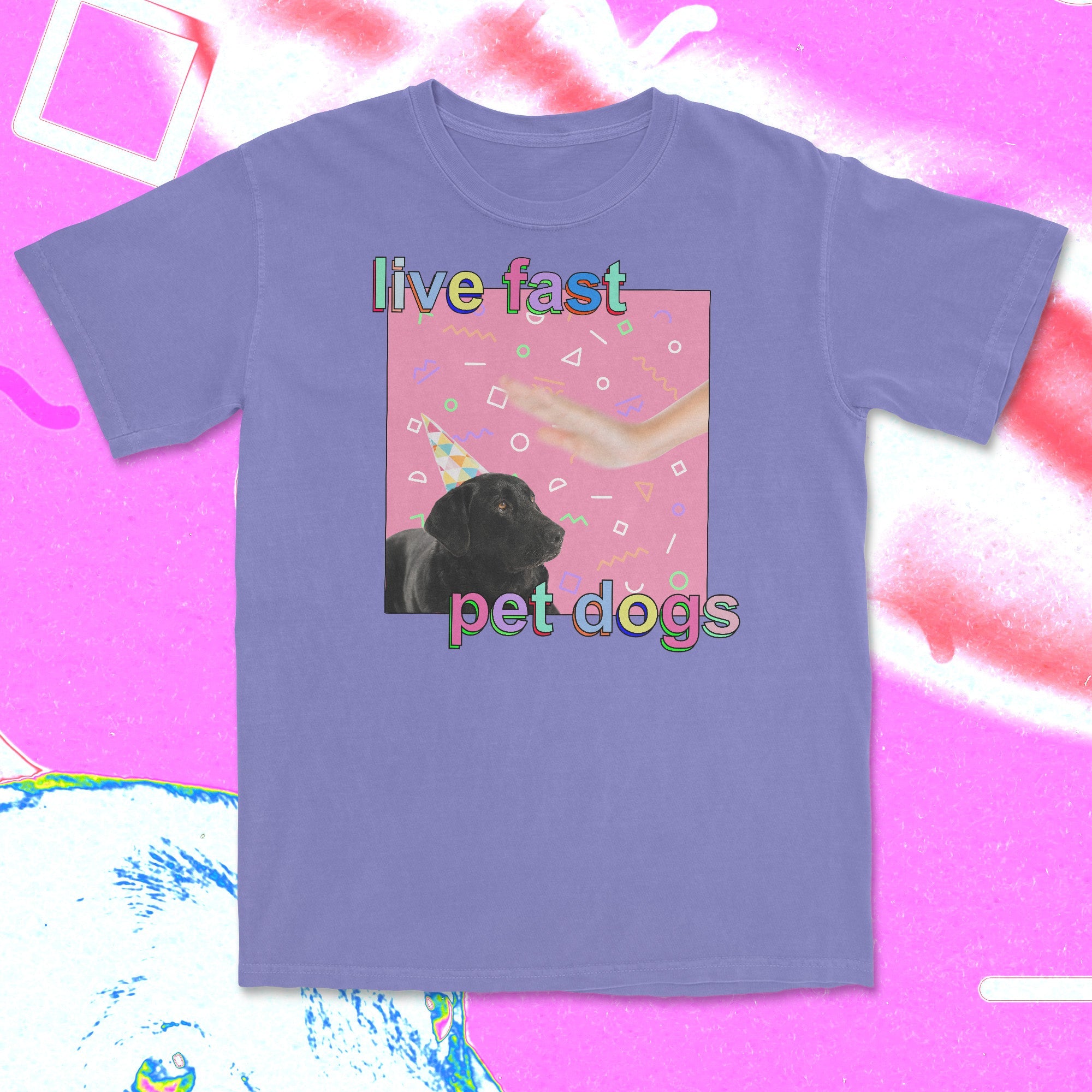Purple t-shirt with a dog graphic and text on a colorful abstract background