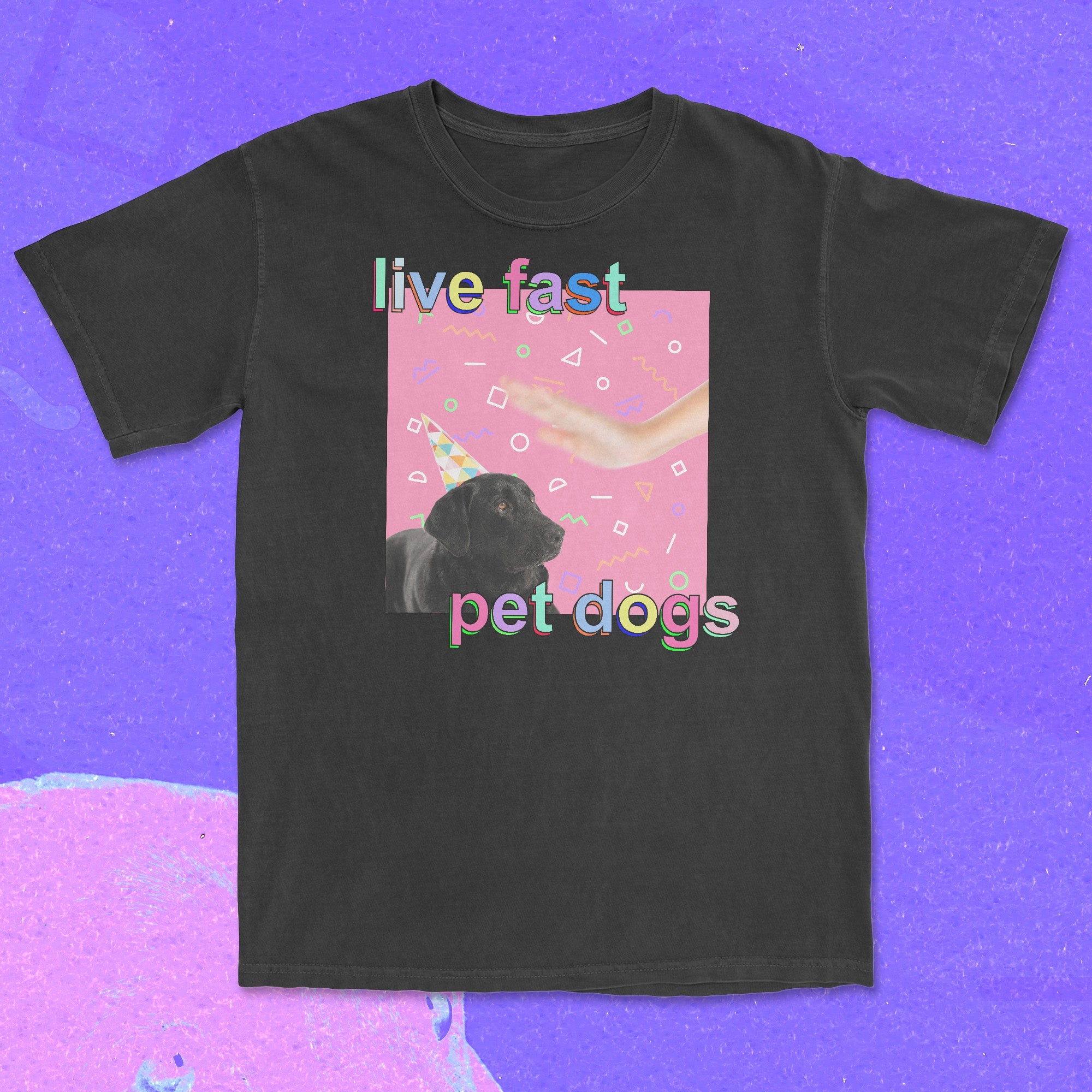 Black t-shirt with 'live fast pet dogs' text and dog graphic on a purple background