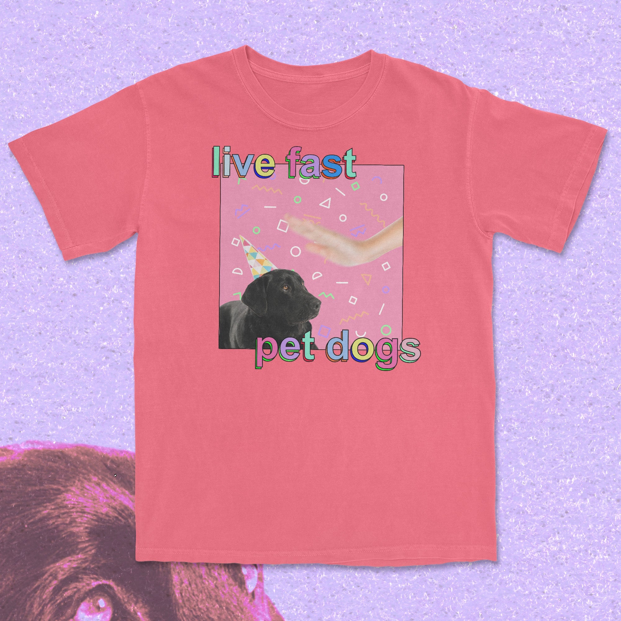 Pink t-shirt with a dog graphic and text on a purple background