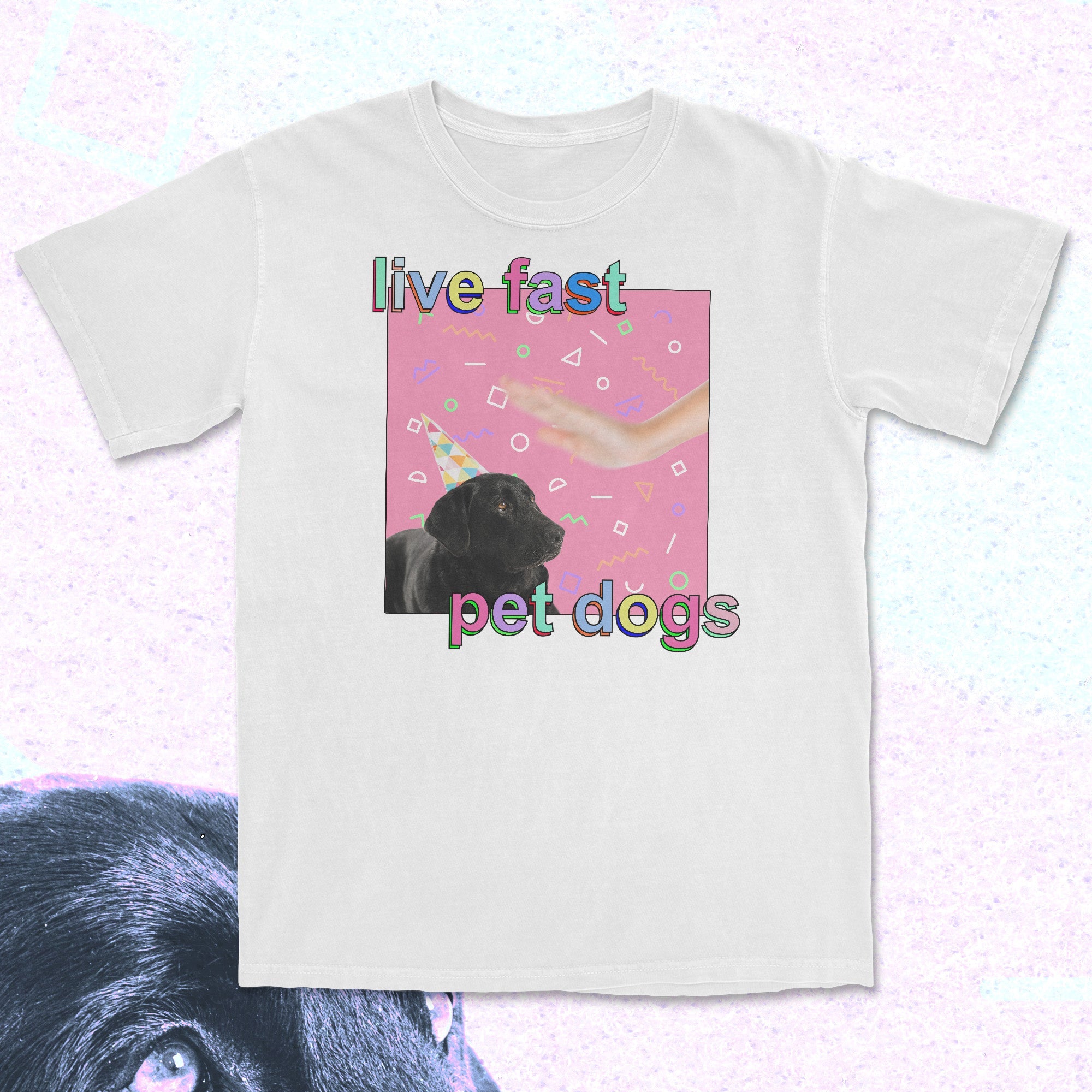 White t-shirt with a graphic of a dog and text 'live fast pet dogs' on a light pink background.