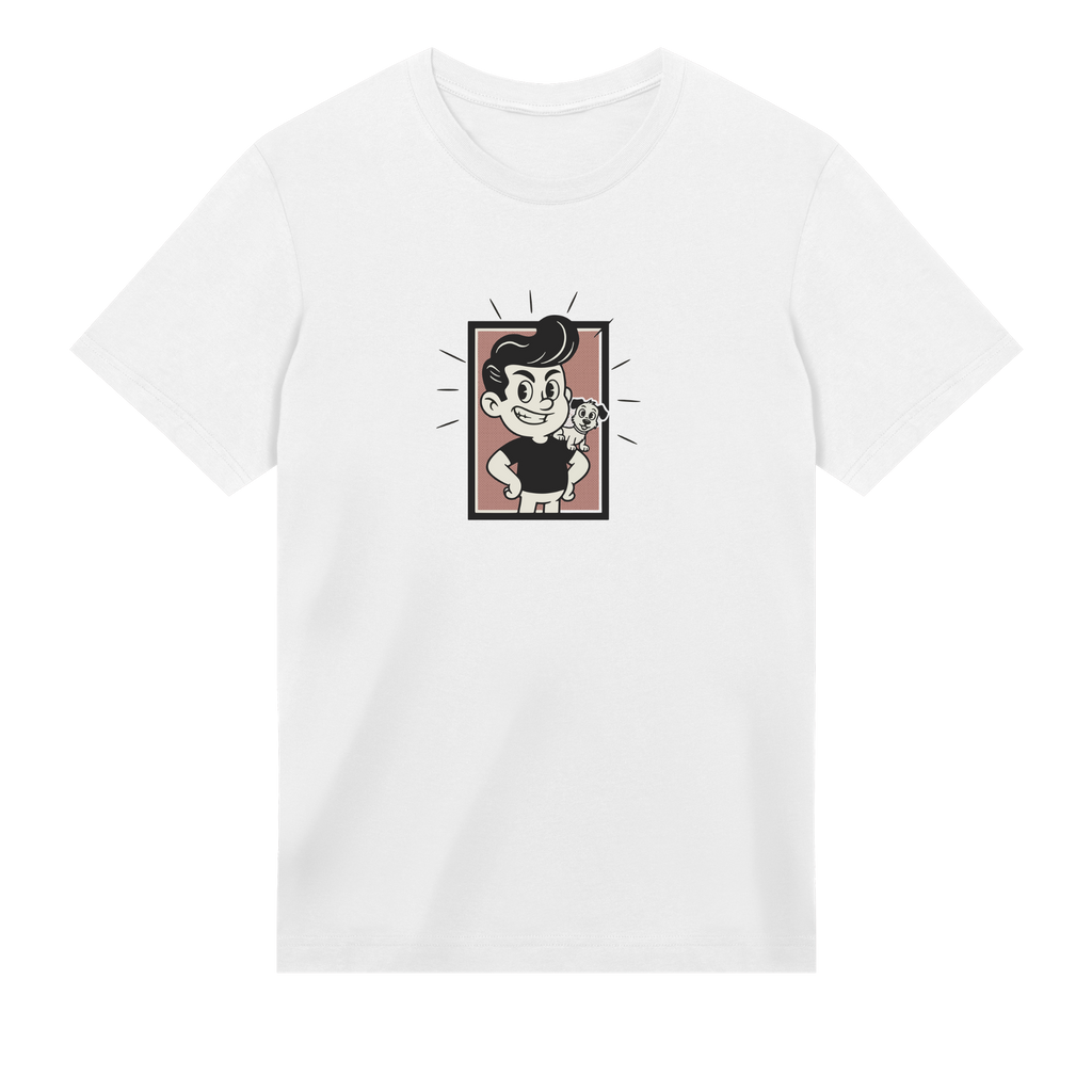 White t-shirt with a cartoon character graphic on a white background