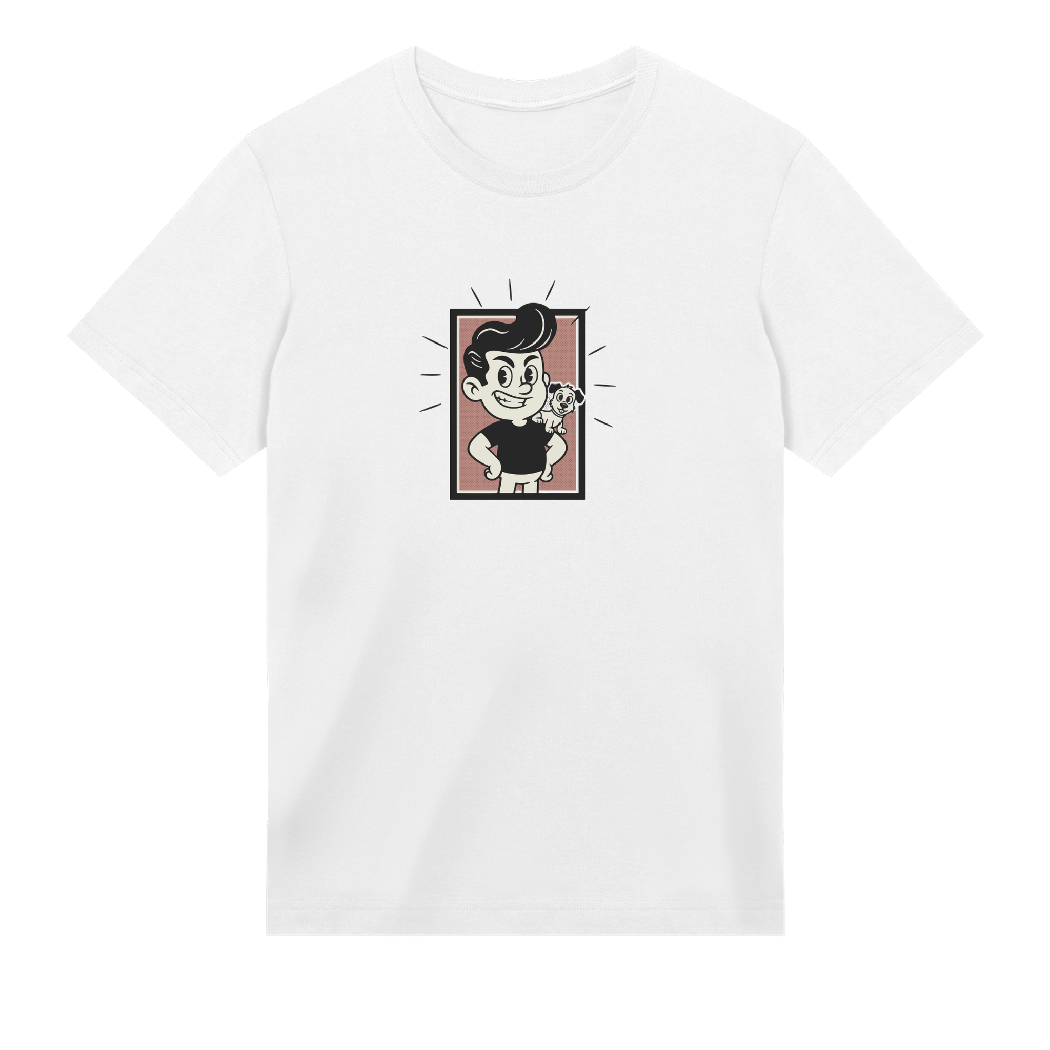 White t-shirt with a cartoon character graphic on a white background