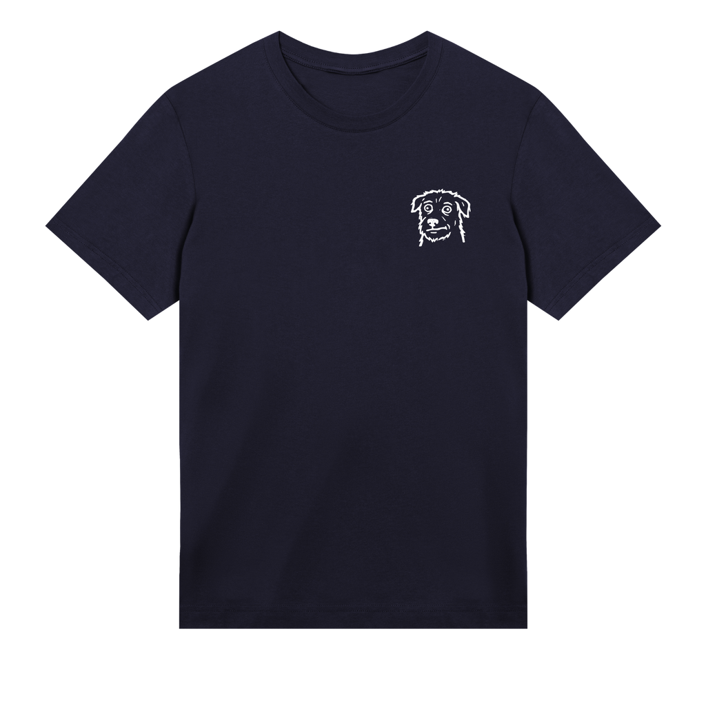 Navy blue t-shirt with a white dog graphic on a white background